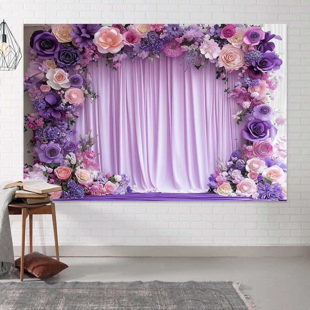 7x7ft Purple Floral Photography Backdrop – Lavender Flower Wall for Weddings, Pa