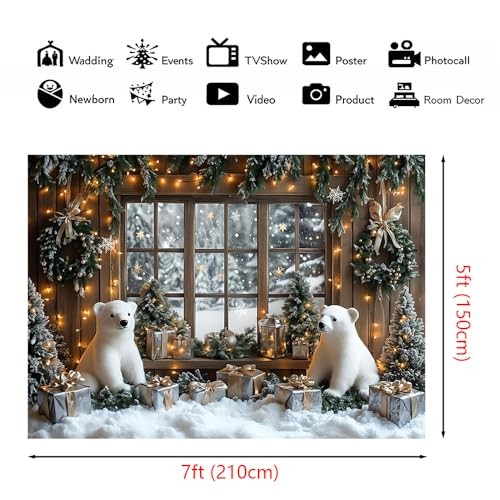 Snowy Xmas Backdrop Window – Snowy Pine Trees – Forest View – 7x5ft Bear