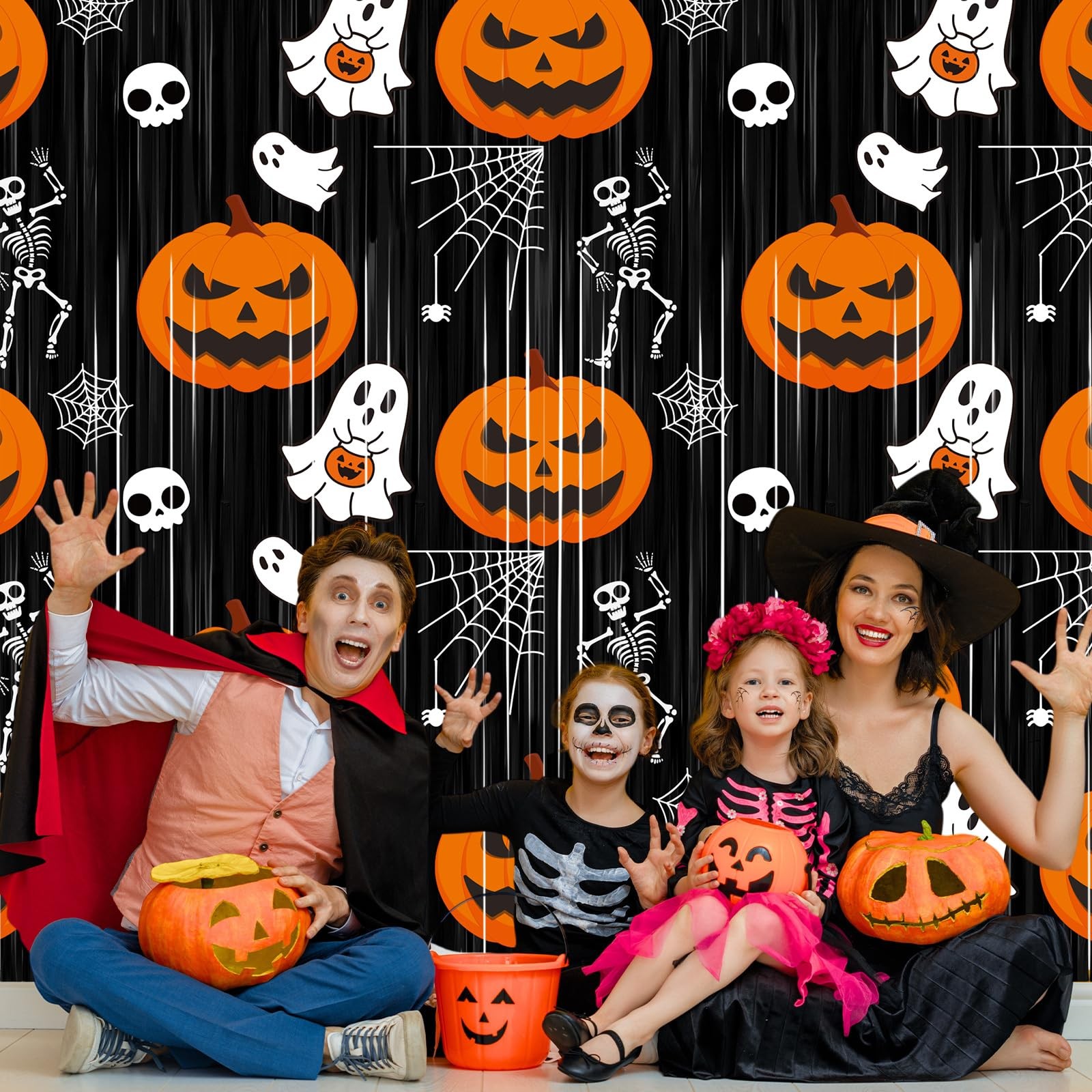 2 Pack Halloween Foil Fringe Curtains Black Orange Tinsel Photo Backdrop