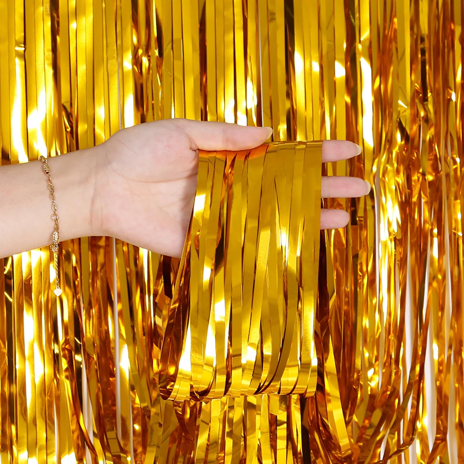 2 PCS Gold Tinsel Foil Fringe Curtain Photo Streamer Backdrop 3.28×6.56 FT