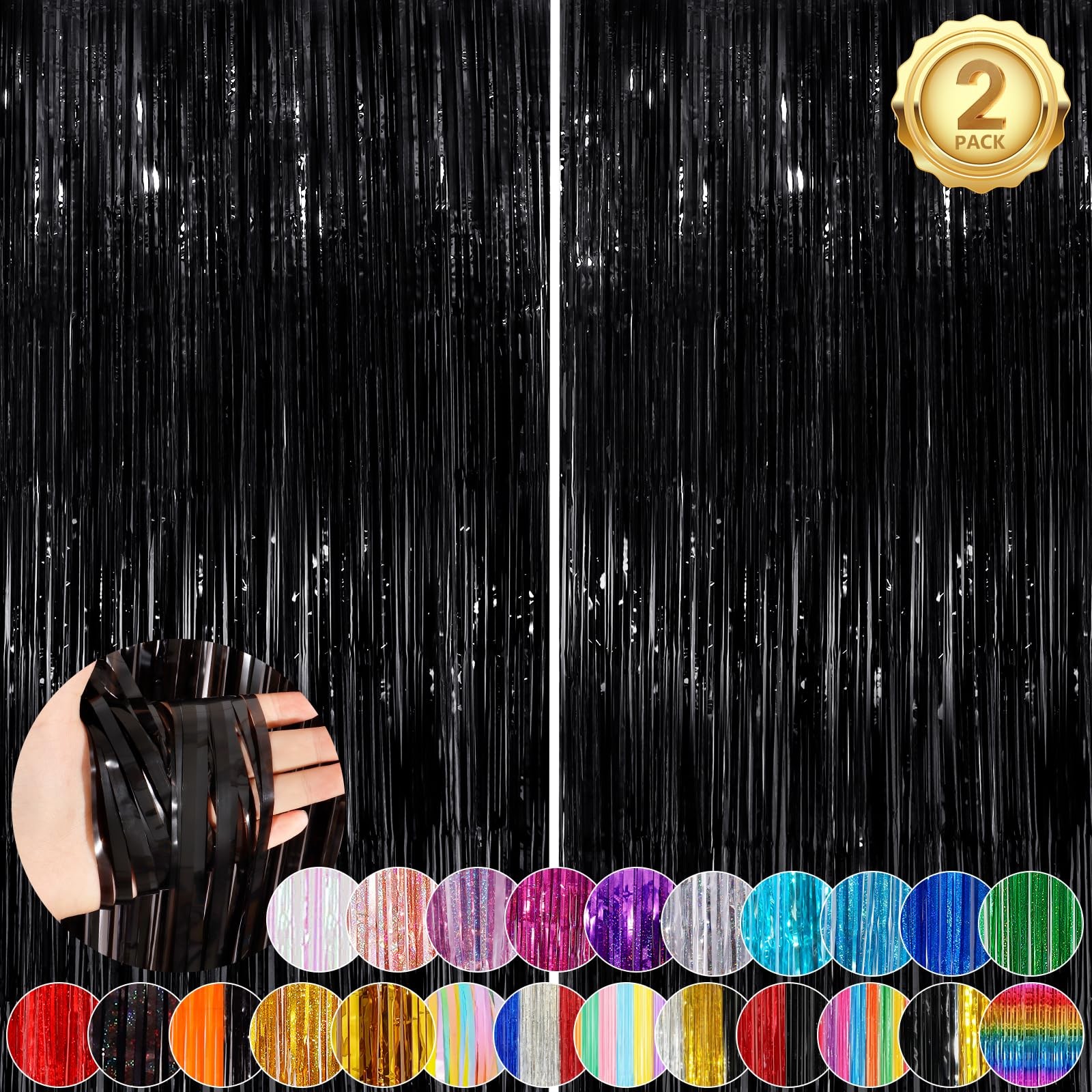 Black Foil Fringe Backdrop Curtains 3.3×8.3 Ft Tinsel Party Streamers 2 PCS