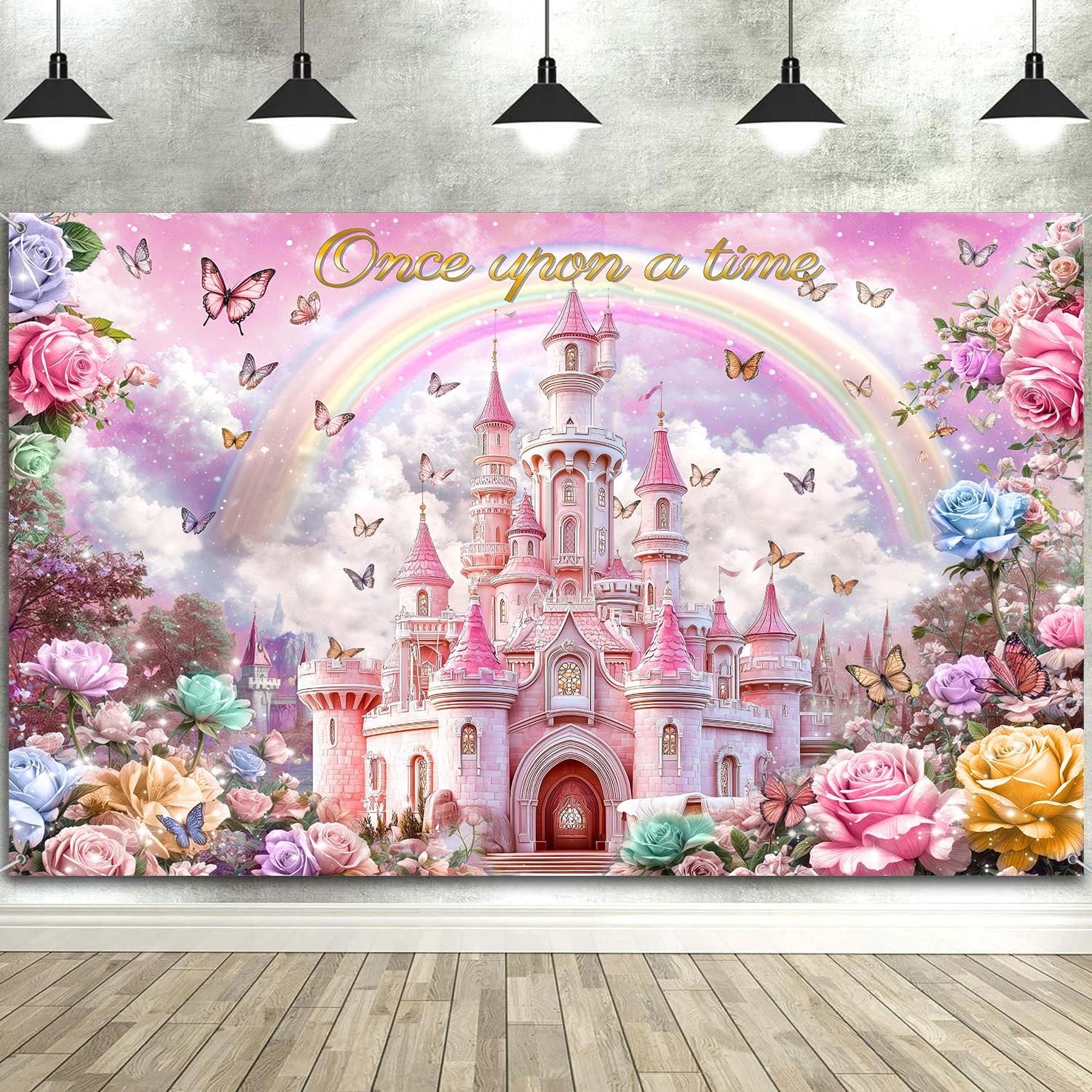 10X8ft Princess Happy Birthday Backdrop for Girls Kids Pink Castle Rainbow Bu…