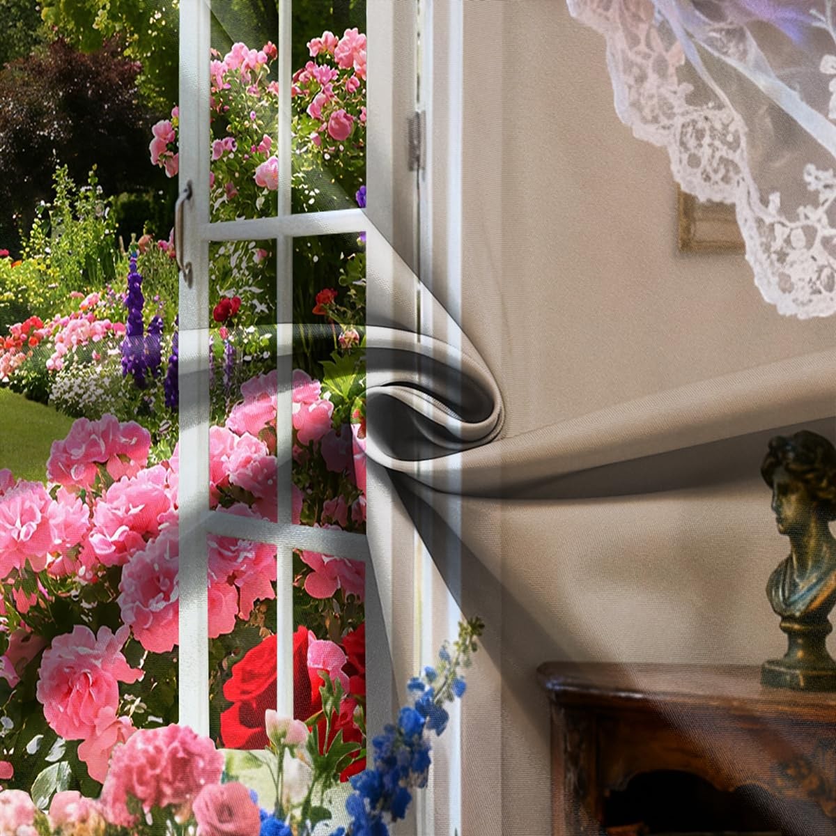 Spring Summer Garden White Window Blooming Flowers Curtain Backdrop 7×5 FT