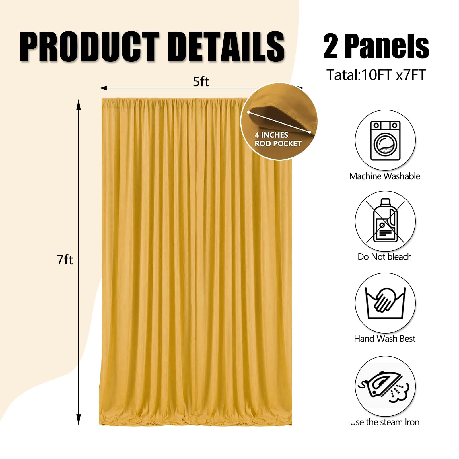 2 PCS 10×7 FT Gold Backdrop Curtains Polyester Drapes Rod Pockets Party Decor