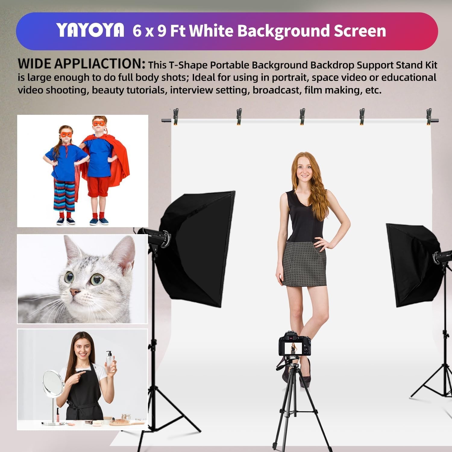 Adjustable White Photo Backdrop with Portable Stand and Carrying Bag, 6×9 ft