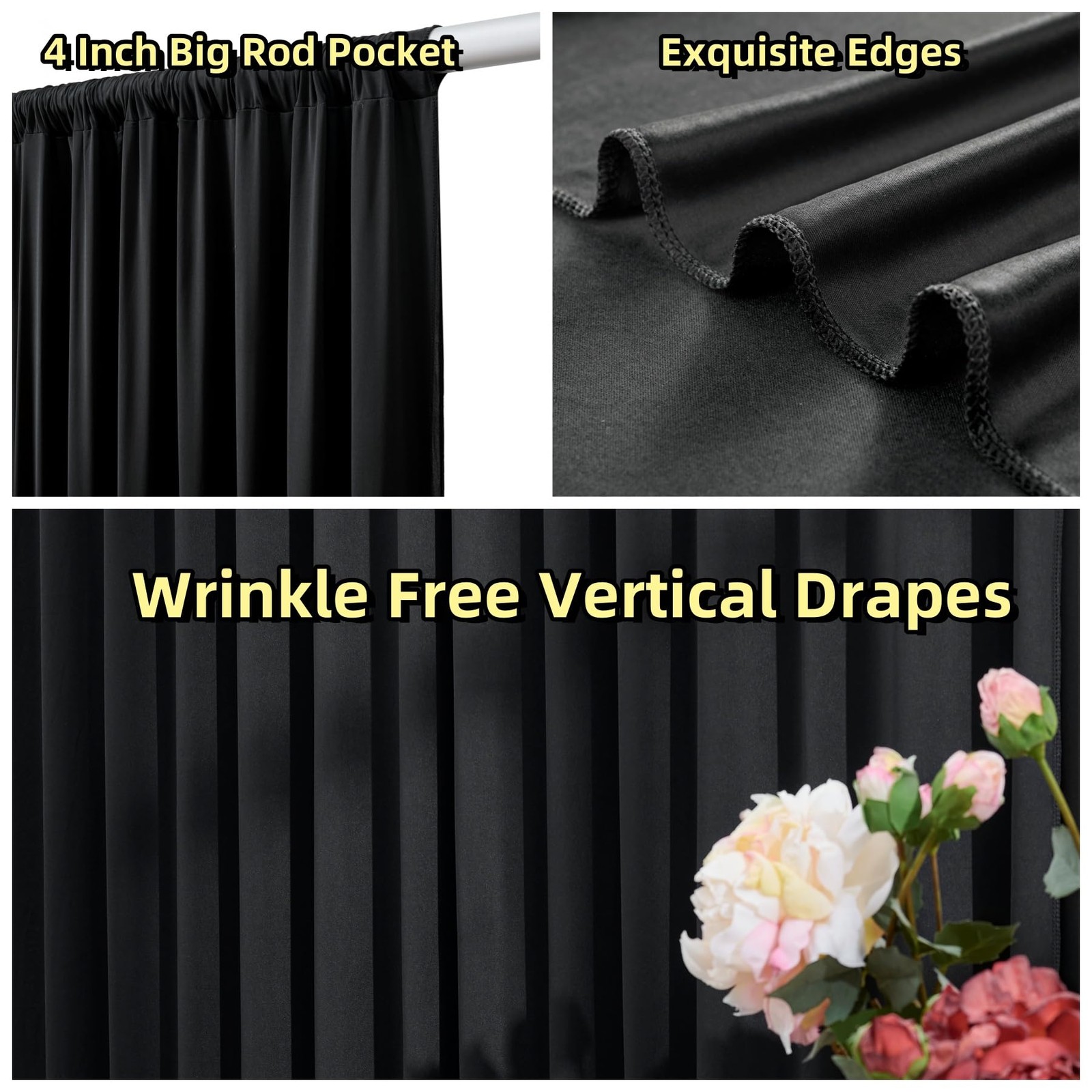 40 ft x 10 Wrinkle Free Black Backdrop 5′(W) x 10′(H), 8 panels,