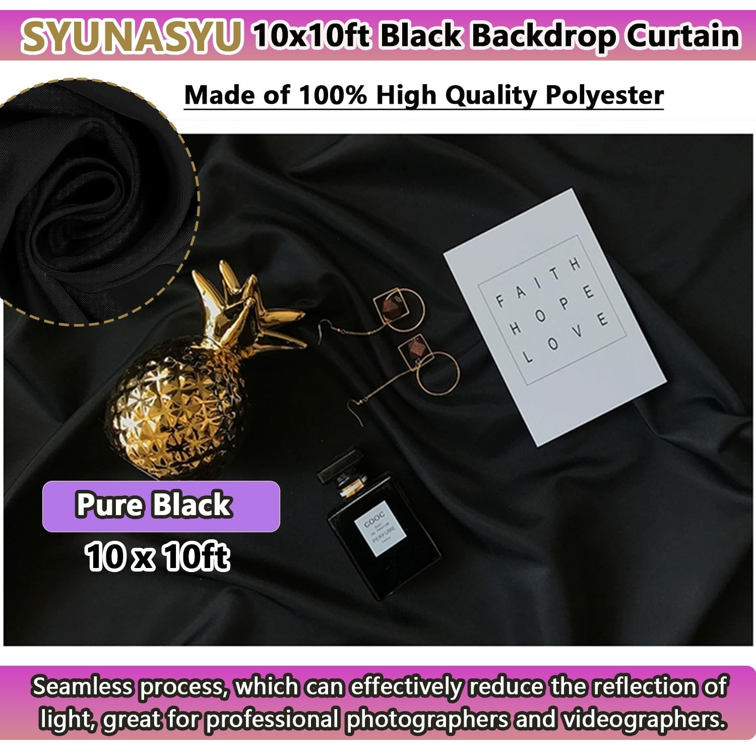 Solid Black Photo Backdrop 10×10 Ft, High-Density Polyester Curtain for Studio,