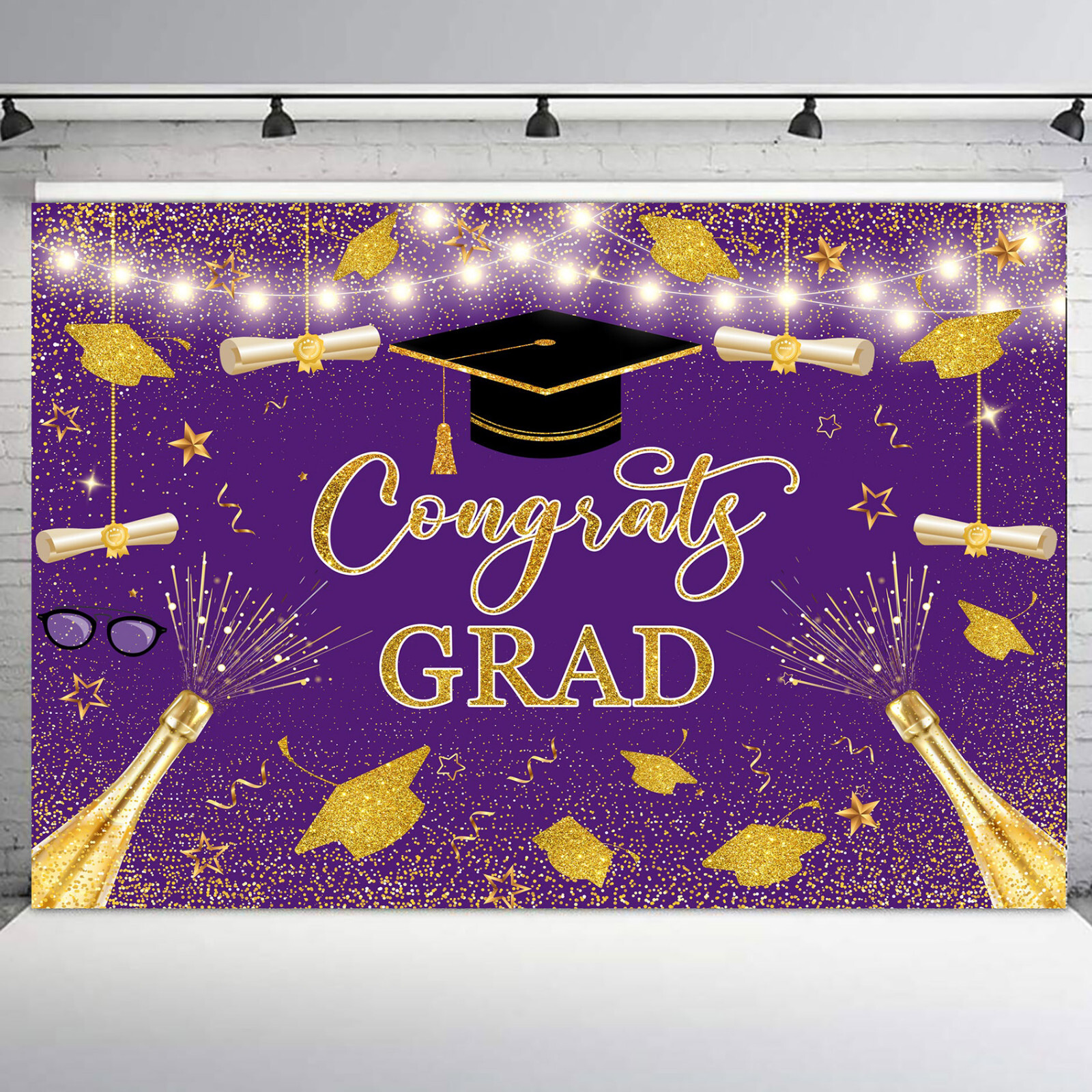10x8ft Gold and Purple Bachelor’s Cap Graduation Vinyl Backdrop Photo Background