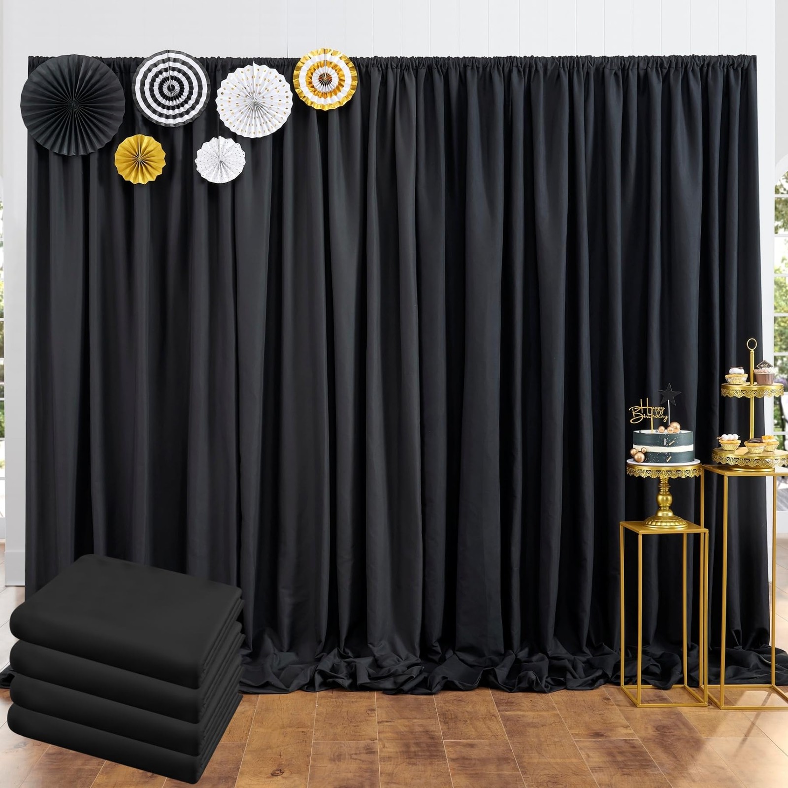 4 Panels 20x10ft Black Backdrop Curtain Polyester Wedding Photo Drapes Set