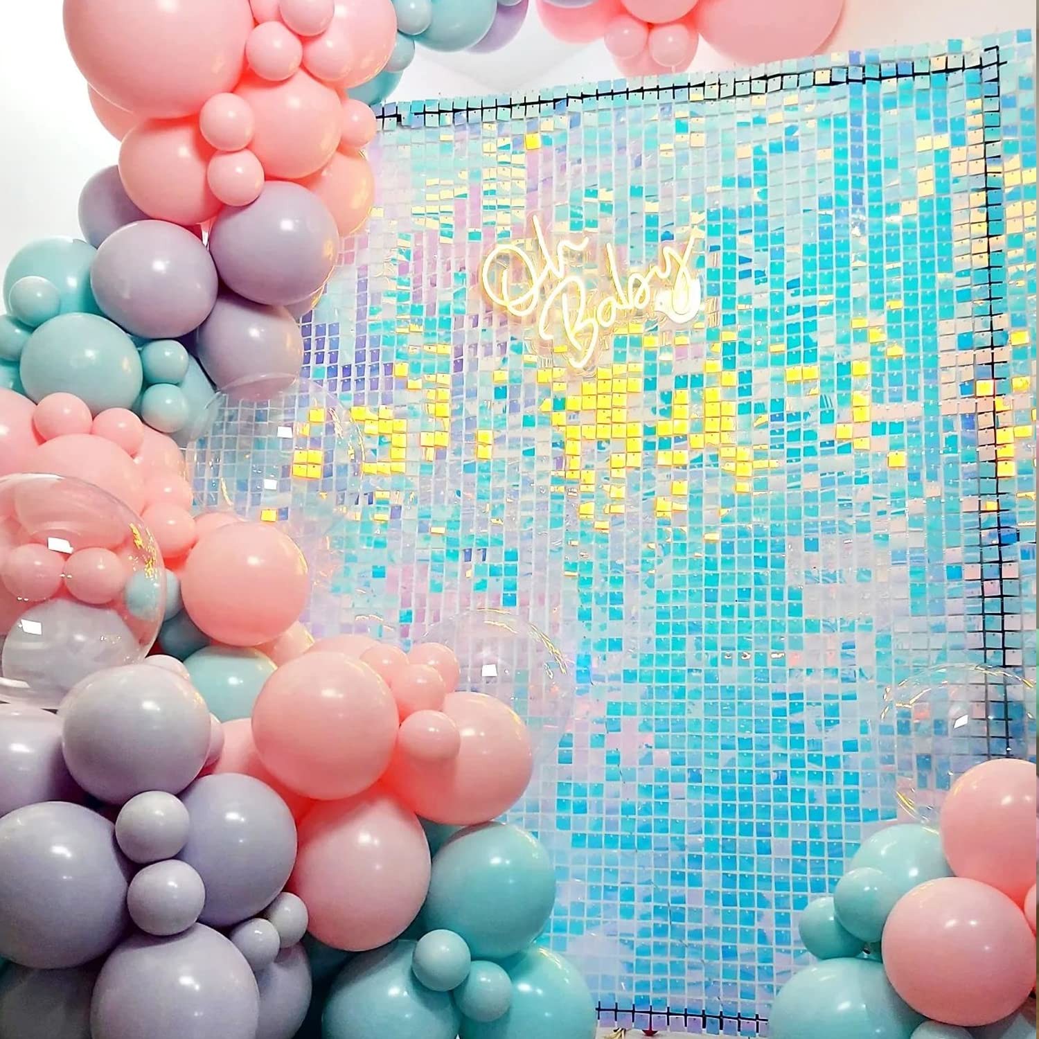 Iridescent Blue Shimmer Wall Backdrop, 24PCS Square Sequin Shimmer Backdrop P…
