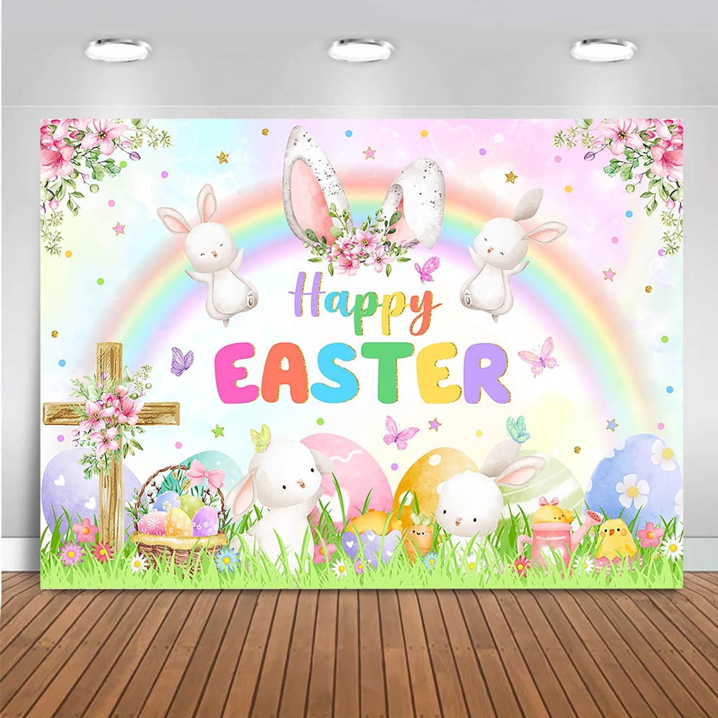 7x5ft Spring Easter Backdrop Banner Spring Rainbow Garden Happy Easter Backgroun