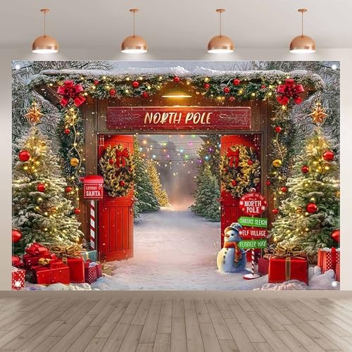 7x5ft Fabric Christmas Backdrop Winter Forest Wooden Barn Door North Pole
