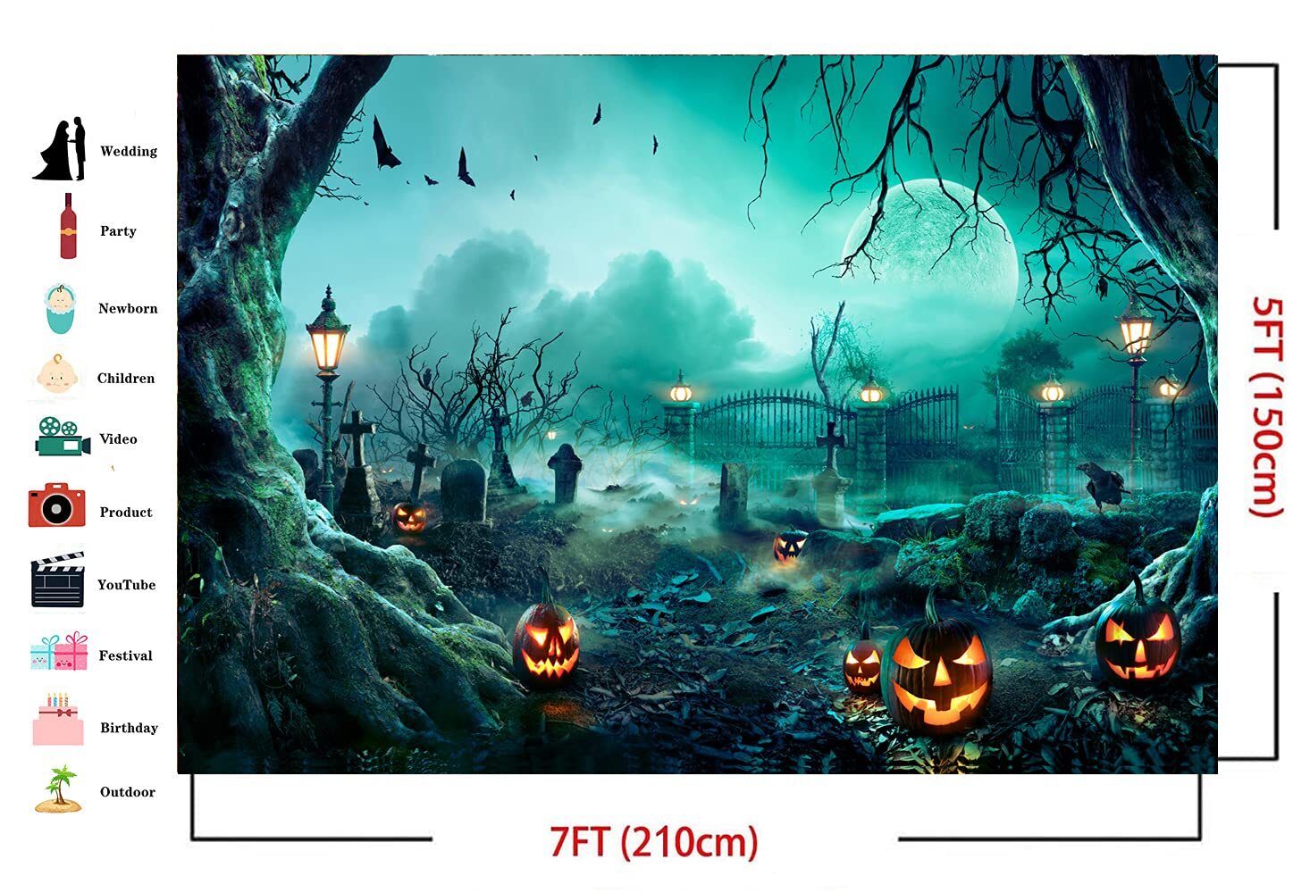 7X5FT Horror Moon Night Cemetery Backdrop Halloween Pumpkin Lantern Photo