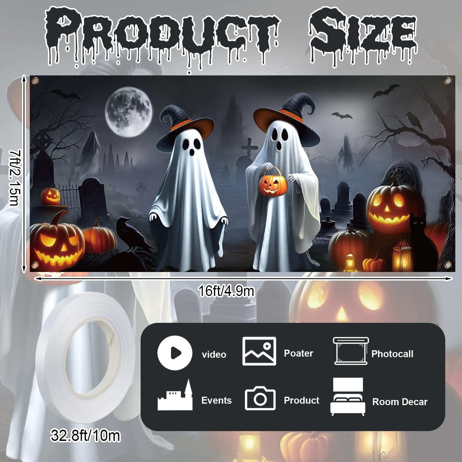 Preboun Halloween Ghost Garage Door 7 x 16 ft, as shown in the picture