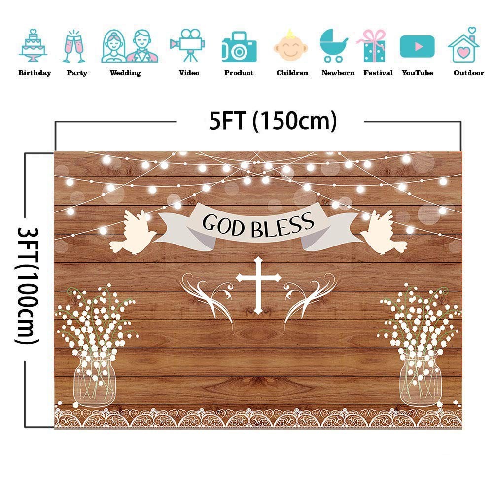 God Bless Baptism Backdrop Rustic Wooden Board Wall Sparkle 5×3 feets, White