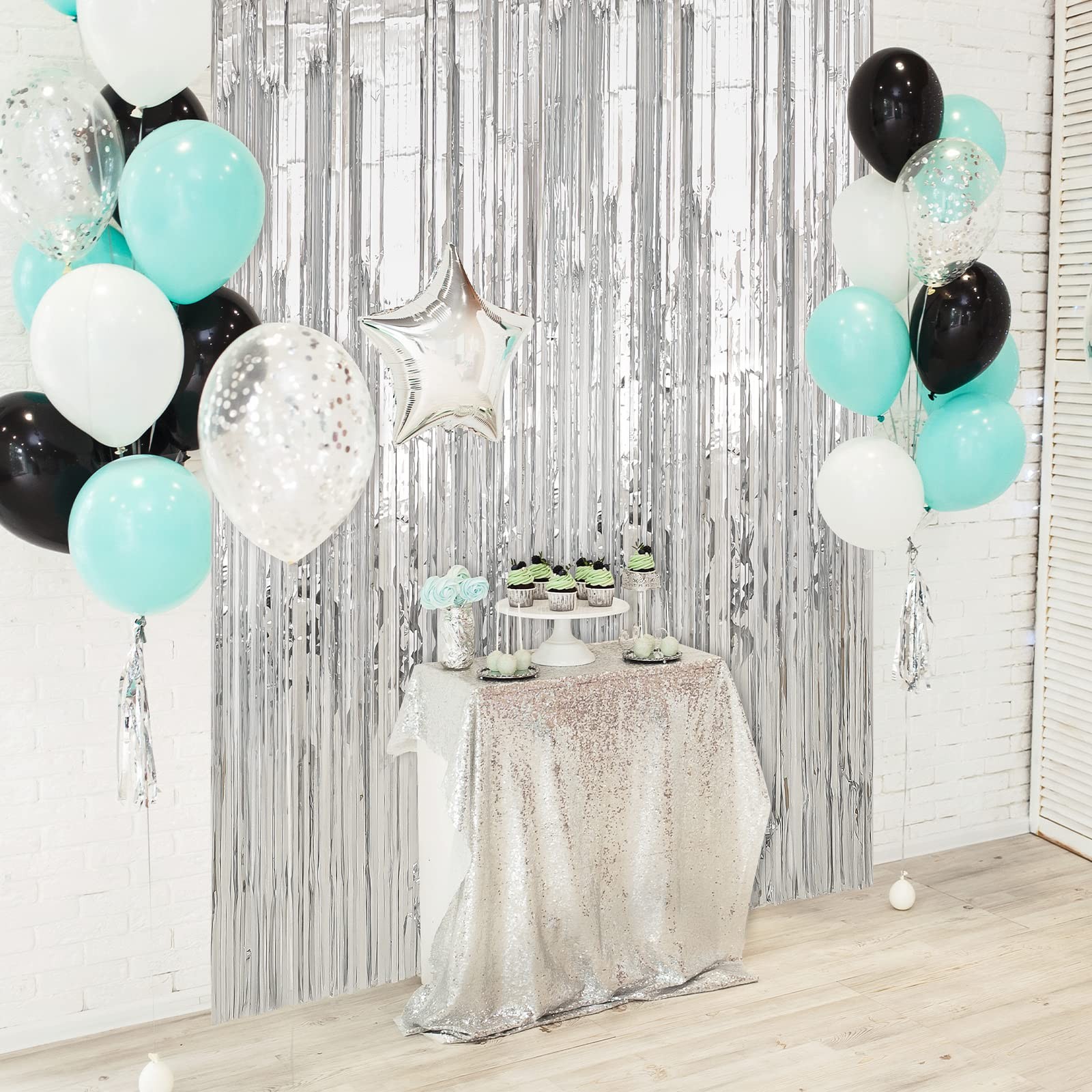 4 PCS 3.3×9.9 Ft Silver Foil Fringe Curtain Backdrop Tinsel Door Streamer