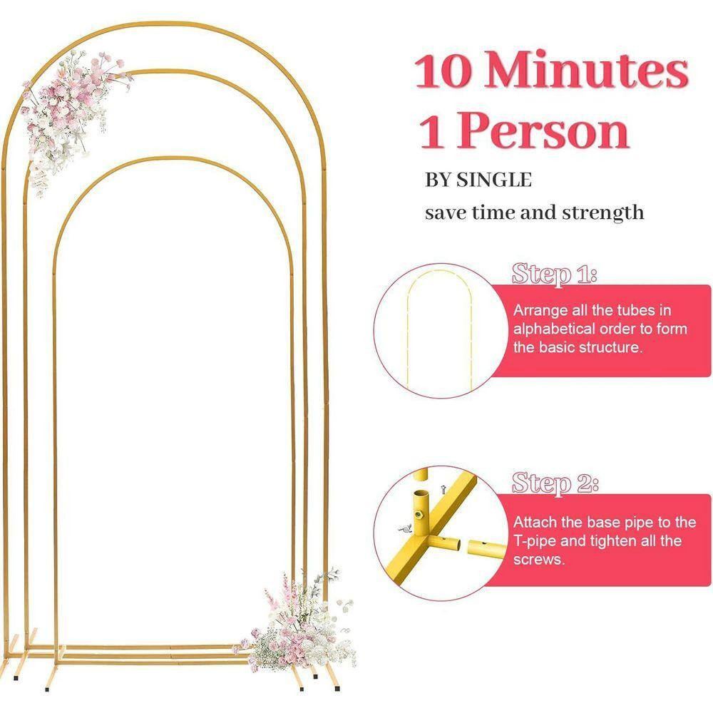 10 In. X 5 In. Gold Metal Arbor Arch Backdrop Stand Set 3PCS (7.2Ft, 6.6Ft, 6Ft)