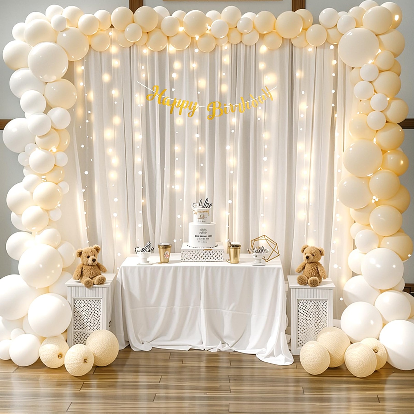 10ft x 10ft Ivory Chiffon Backdrop Curtain with Lights String for Parties2 Pa…