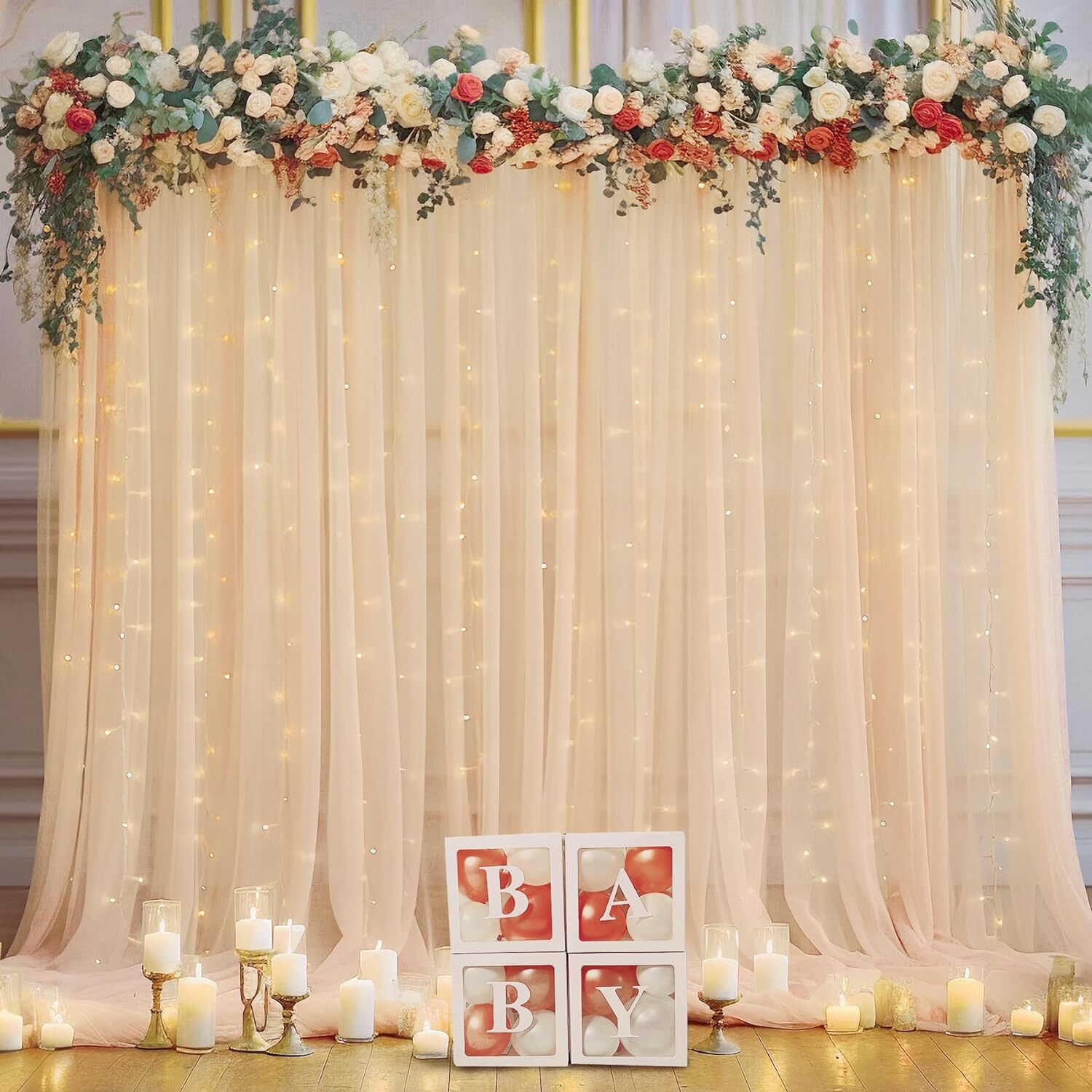 10×10ft Champagne Tulle Backdrop Curtain with Lights 10ftx10ft,