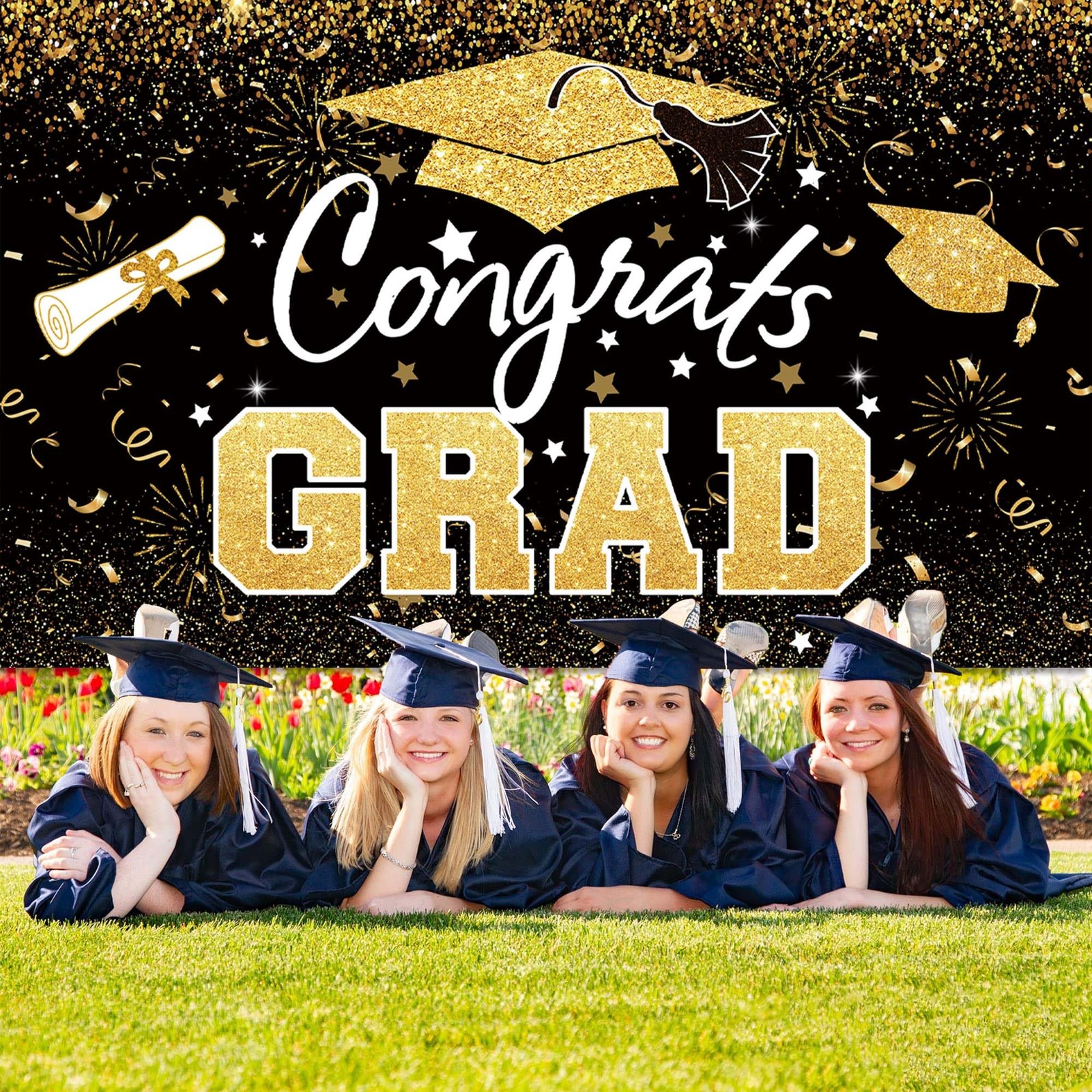 Graduation Party Decorations – Black Gold Congrats Grad Class of 2025 Backdro…
