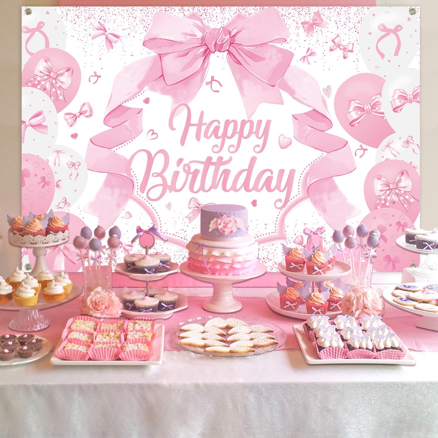 Pink Bow Coquette Girl Happy Birthday Decoration Photo Backdrop 71×47 In