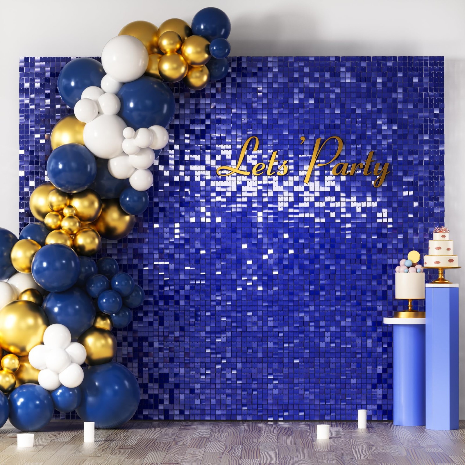COKAOBE Blue Shimmer Wall Backdrop, 36PCS Square 36pcs (6x6ft), Dark
