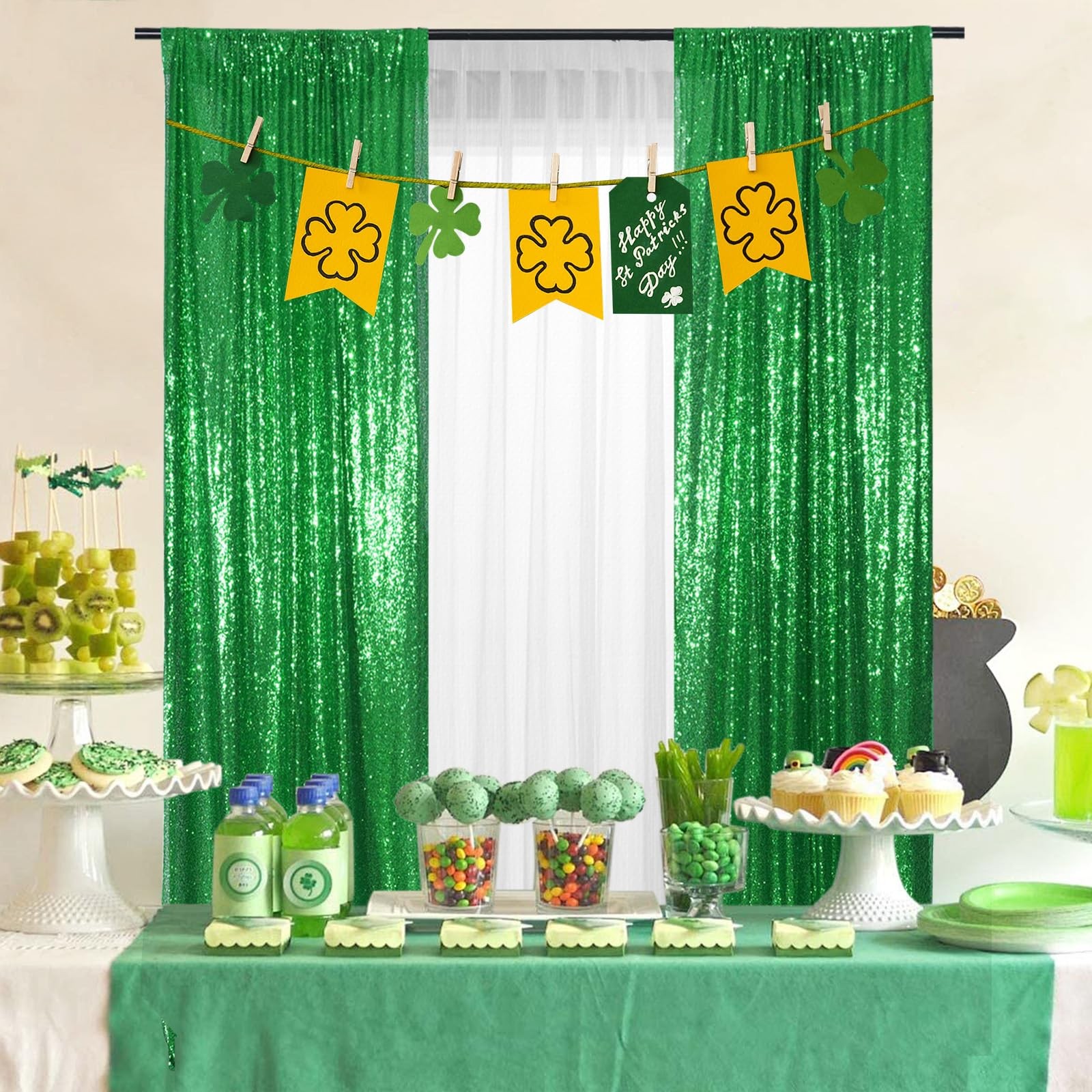 PartyDelight Green Sequin Backdrop Curtains 24″W x 96″L (Pack of 2),