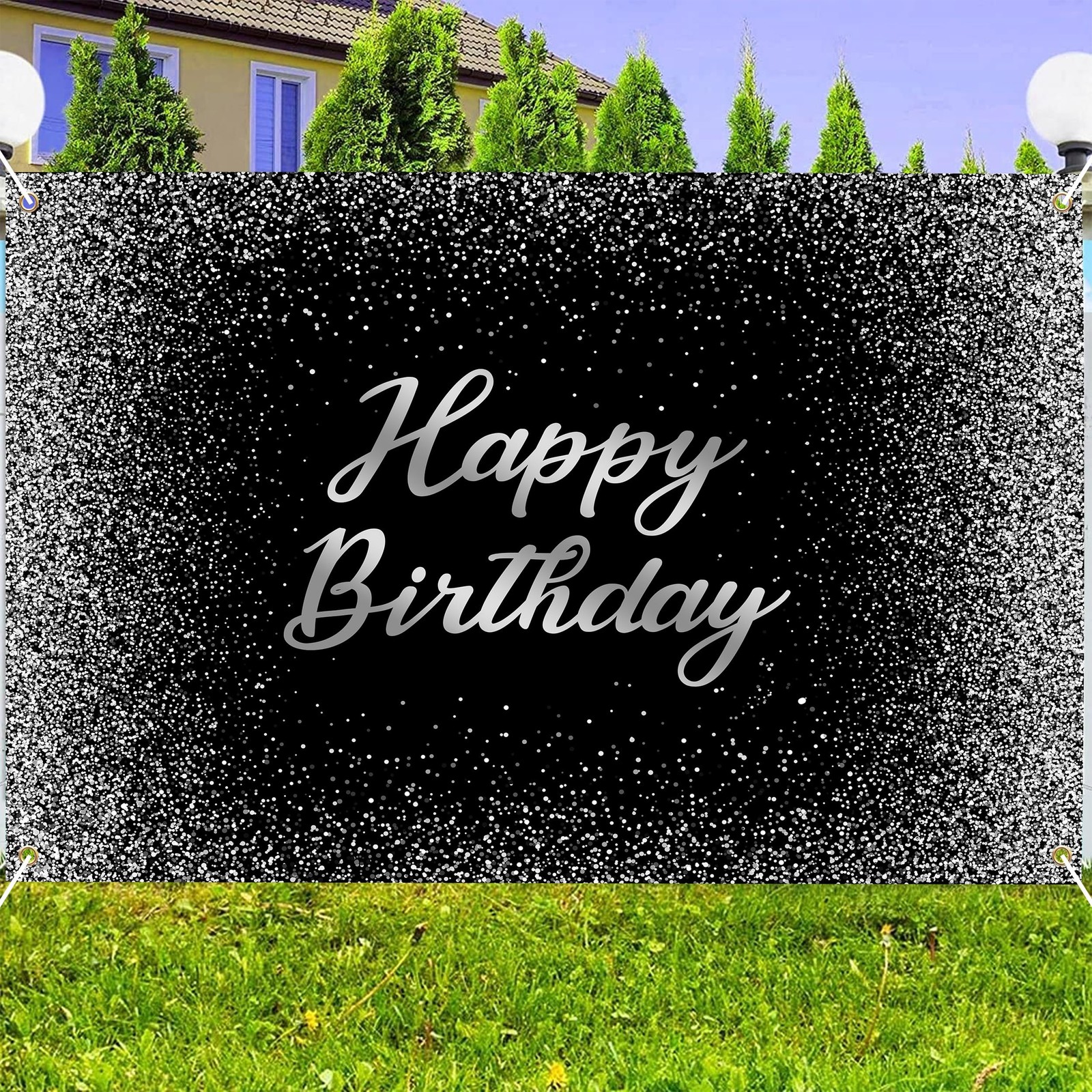 Happy Birthday Backdrops 12×8 FT Black and Silver Glitter Spots Happy Birthda…