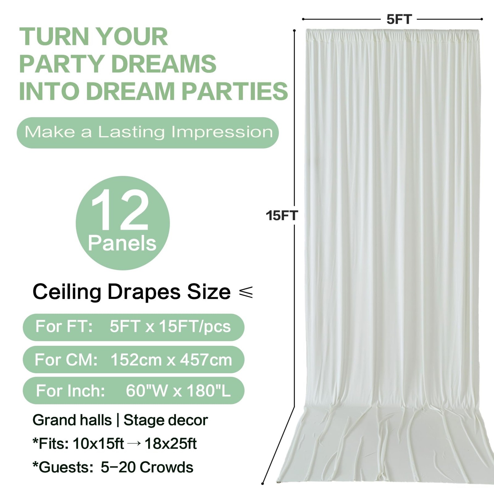Party Village 60ft×15ft Ivory Backdrop Curtain W5′ x H15′(12 panels),