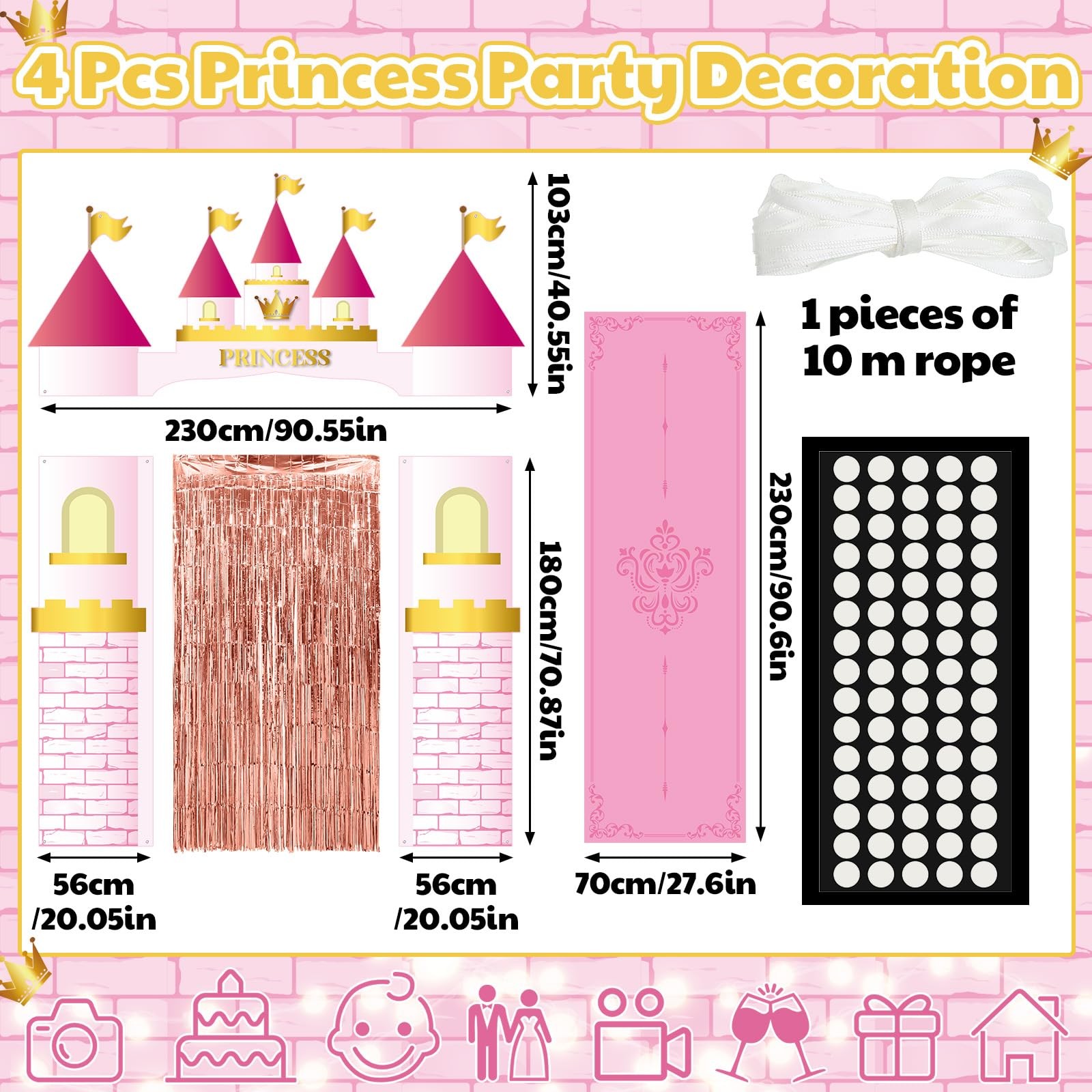 7pcs Princess Party Decorations Castle Porch Banners Pink Rug Rose Foil Fring…
