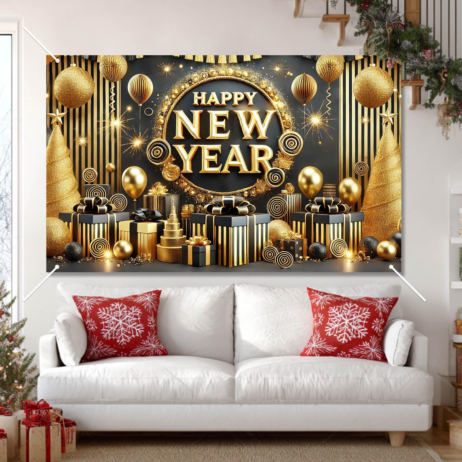 Black Gold Happy New Year Backdrop Luxury Fireworks Celebration Background