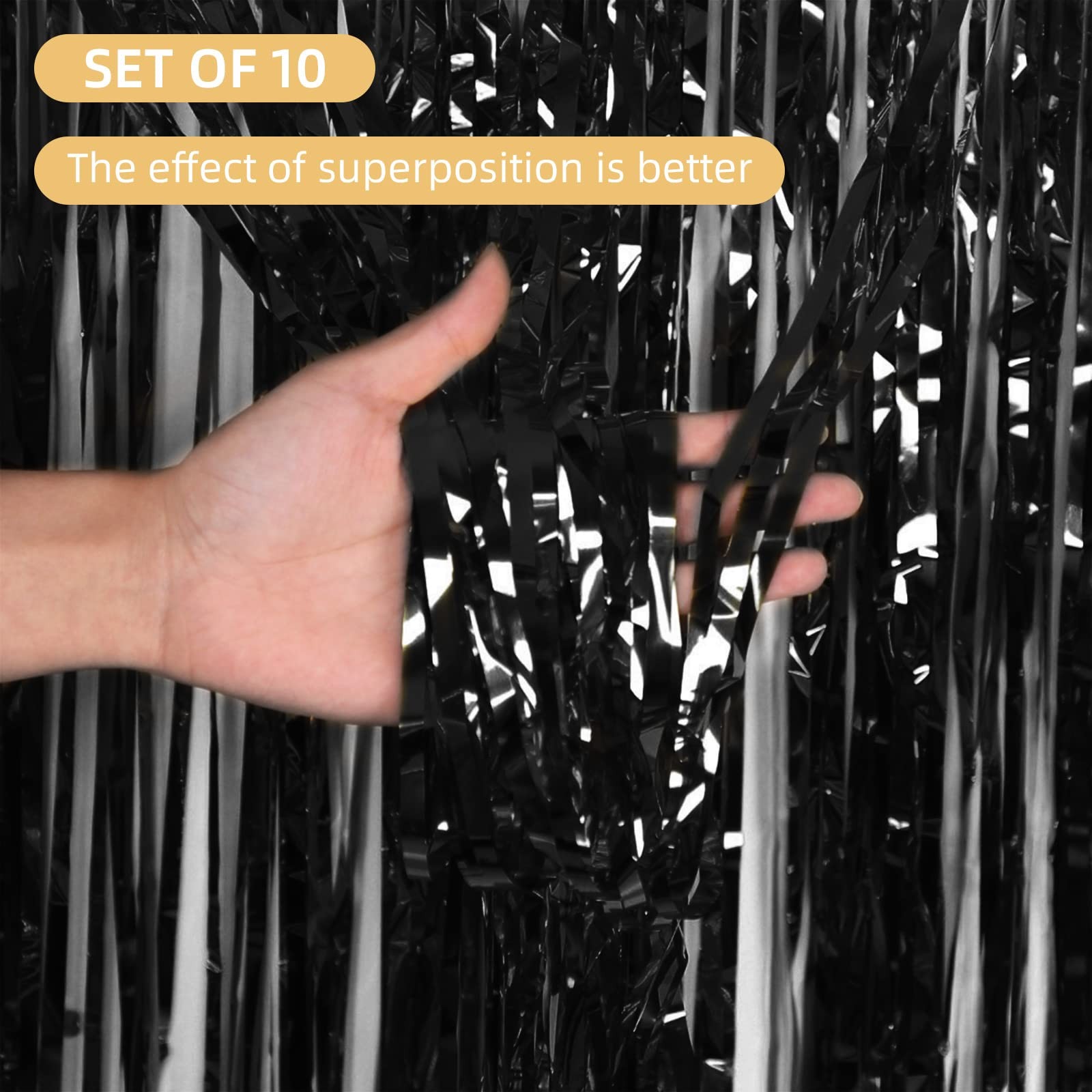 10 PCS Black Foil Fringe Curtain Backdrop 3.2×9.8 Ft Metallic Tinsel Decor