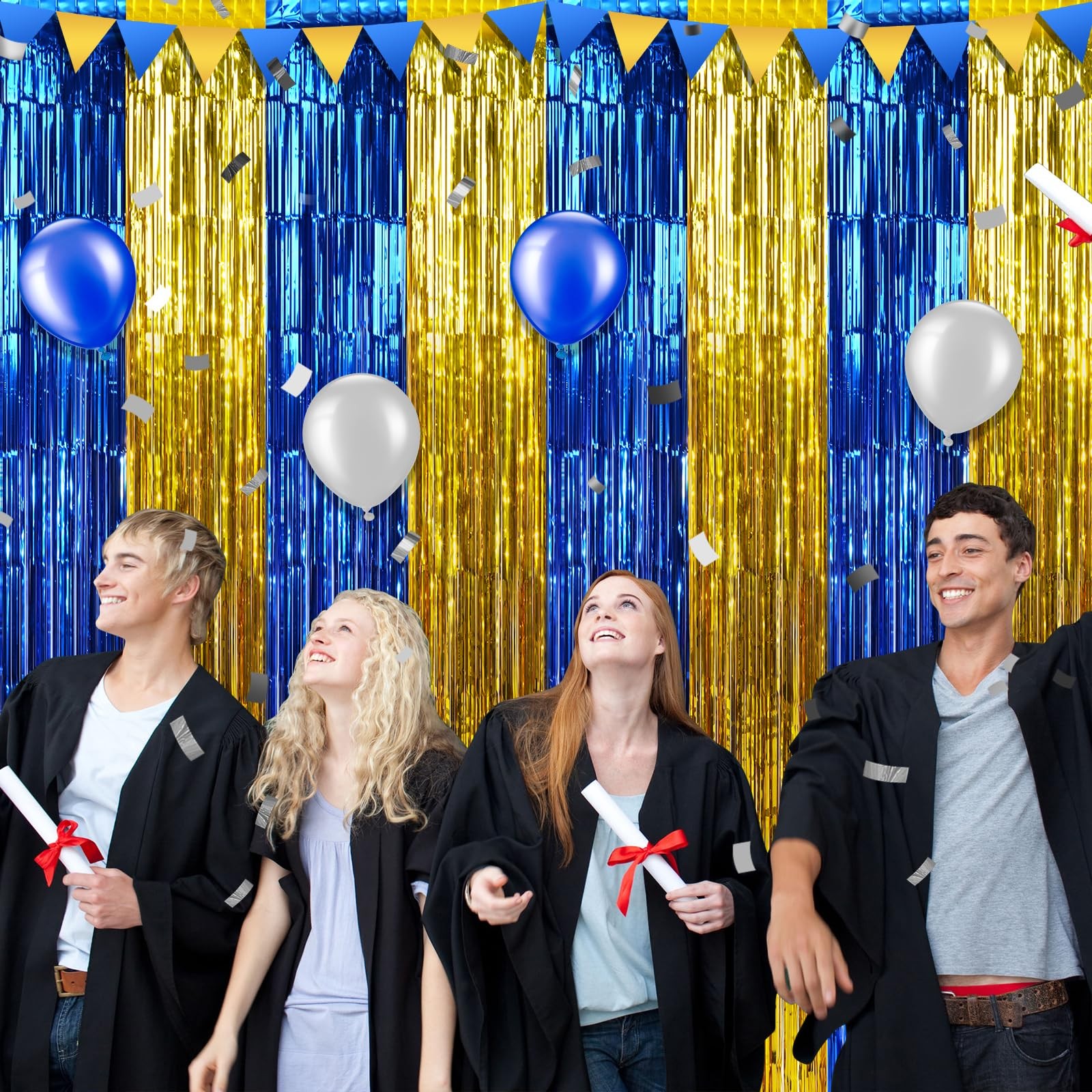 6 Pack 3.3Ft x 6.6Ft Graduation Foil Fringe Curtain 3.3X6.6Ft, Blue Gold
