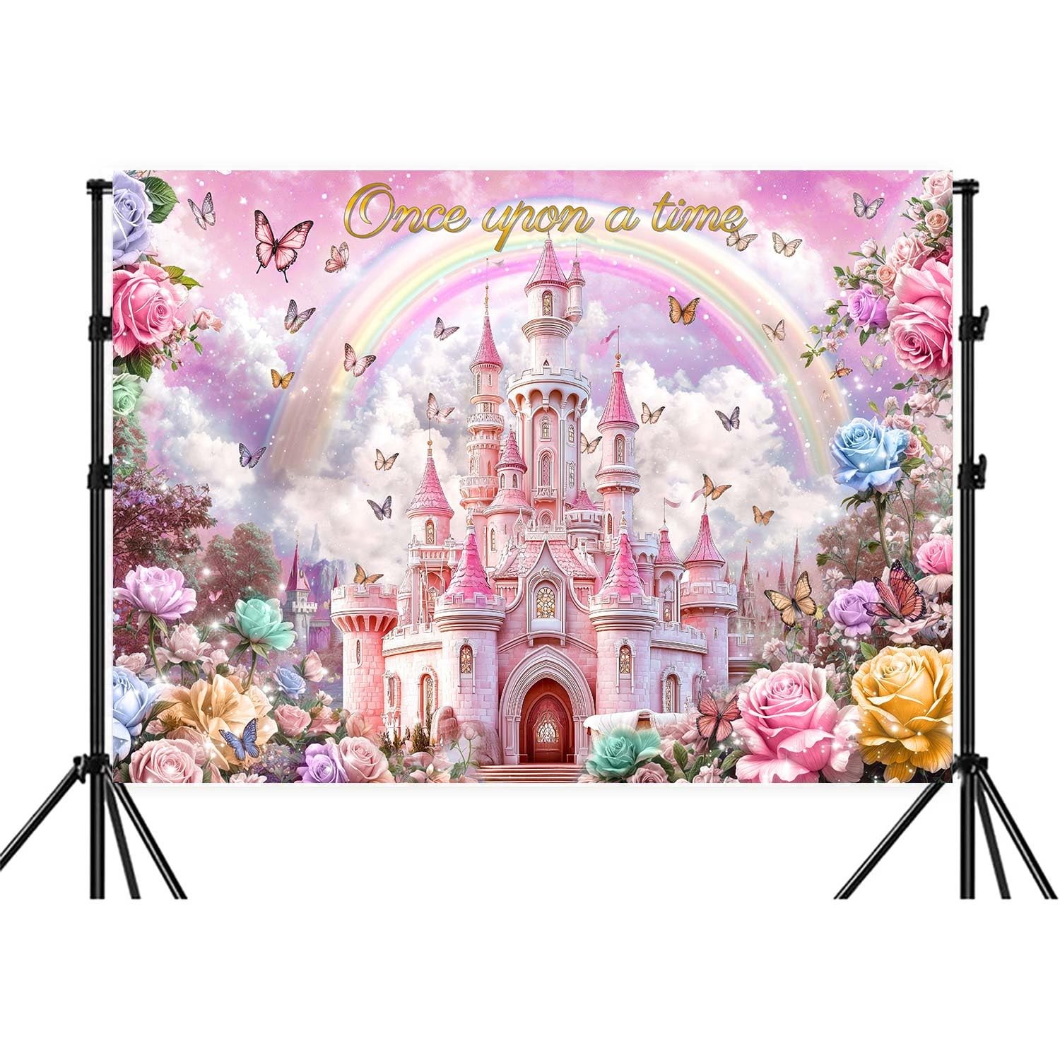 10X8ft Princess Happy Birthday Backdrop for Girls Kids Pink Castle Rainbow Bu…