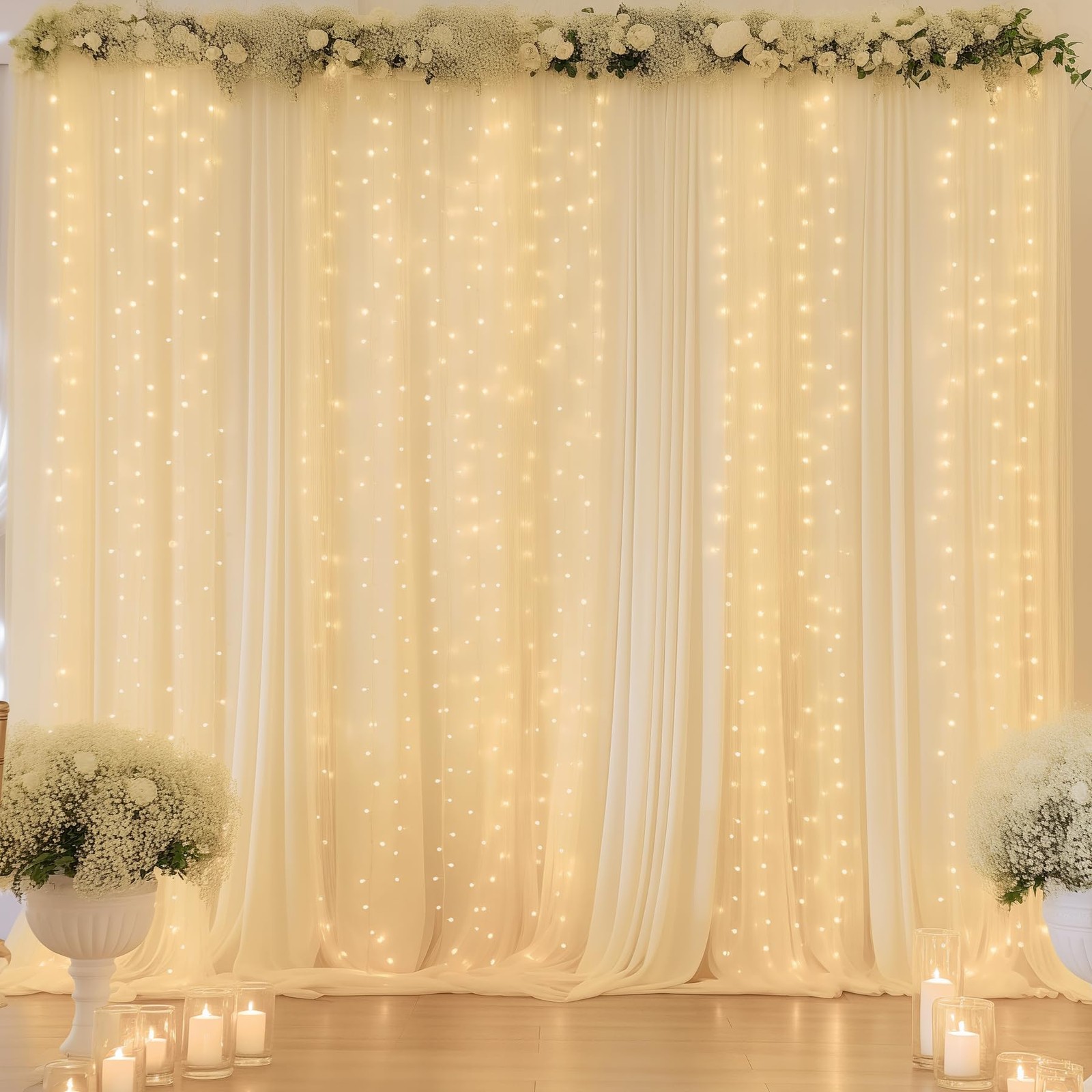 10x10ft Beige Chiffon Backdrop Curtains Wrinkle Free Drapes String Lights