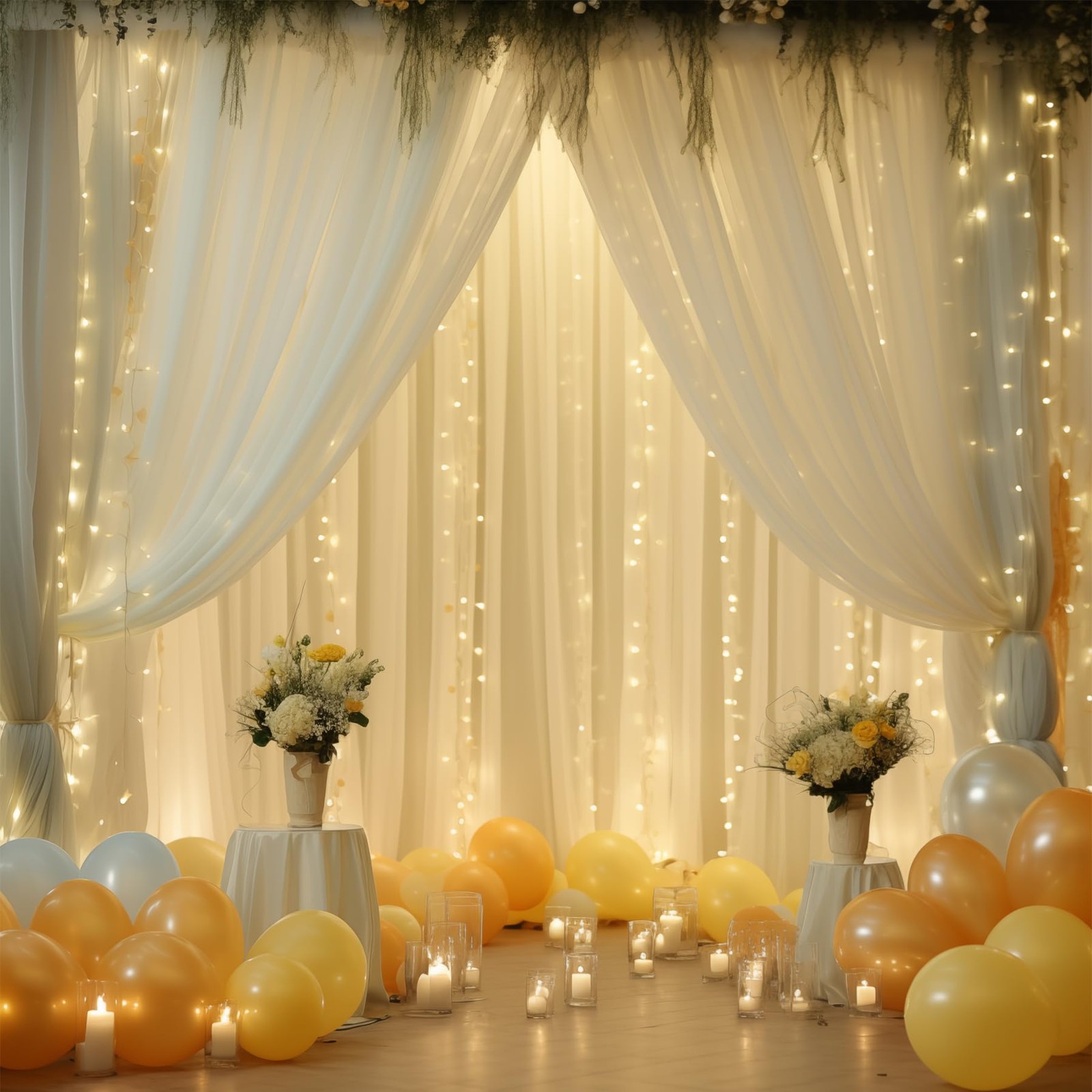 10x10ft Beige Chiffon Backdrop Curtains Wrinkle Free Drapes String Lights