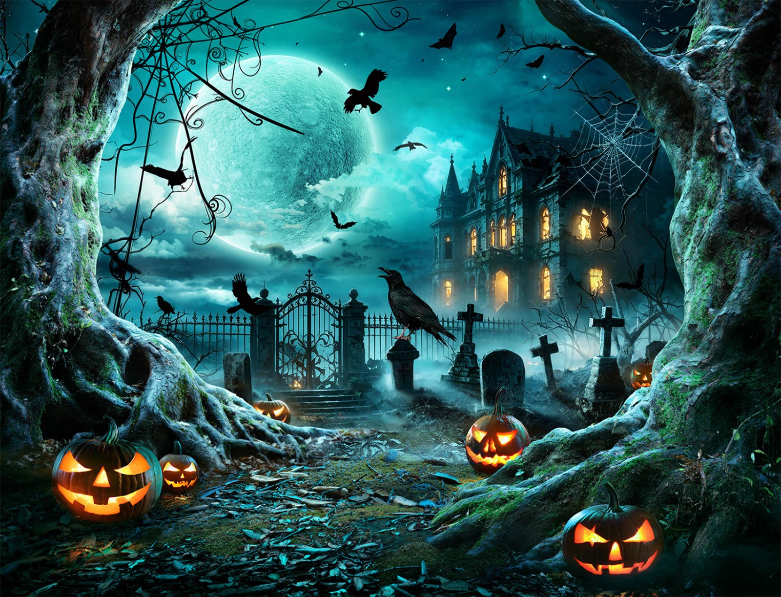 10x8ft Halloween Backdrop House Full Moon Gothic Background for Photography