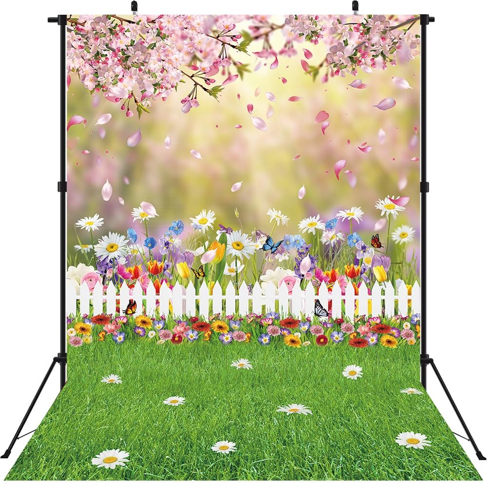 Spring Easter Backdrop 5×7 Ft Pink Flowers Green Lawn Photography Background