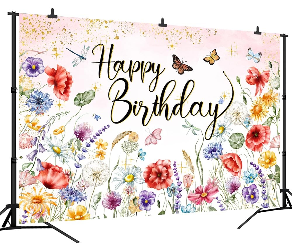Wildflower Happy Birthday Backdrop 7x5FT Spring Watercolor Floral Background