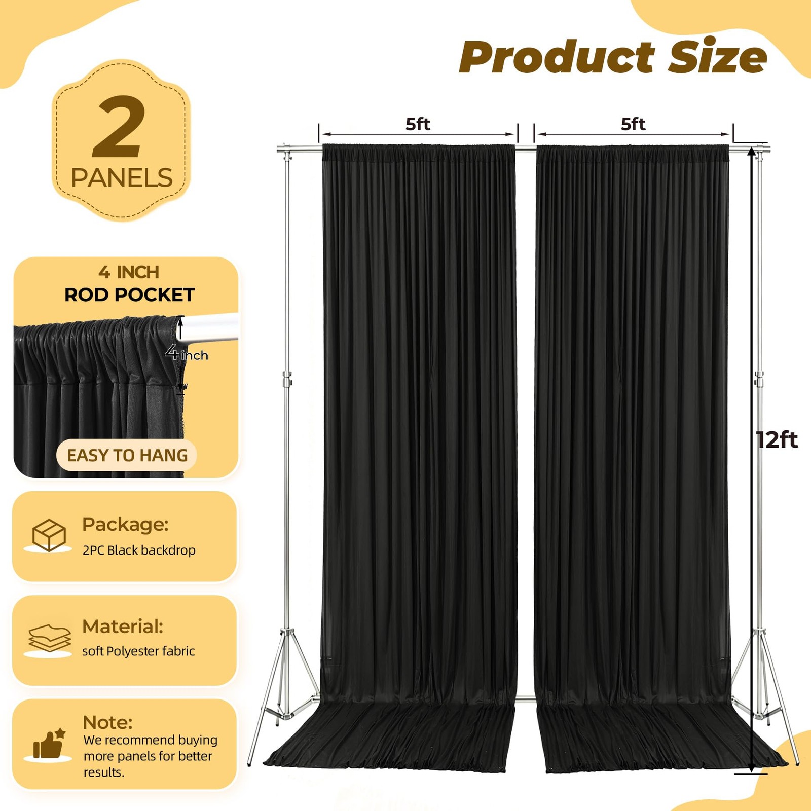 2 PCS 5×12 FT Black Wrinkle Free Polyester Photo Backdrop Curtains Home Decor