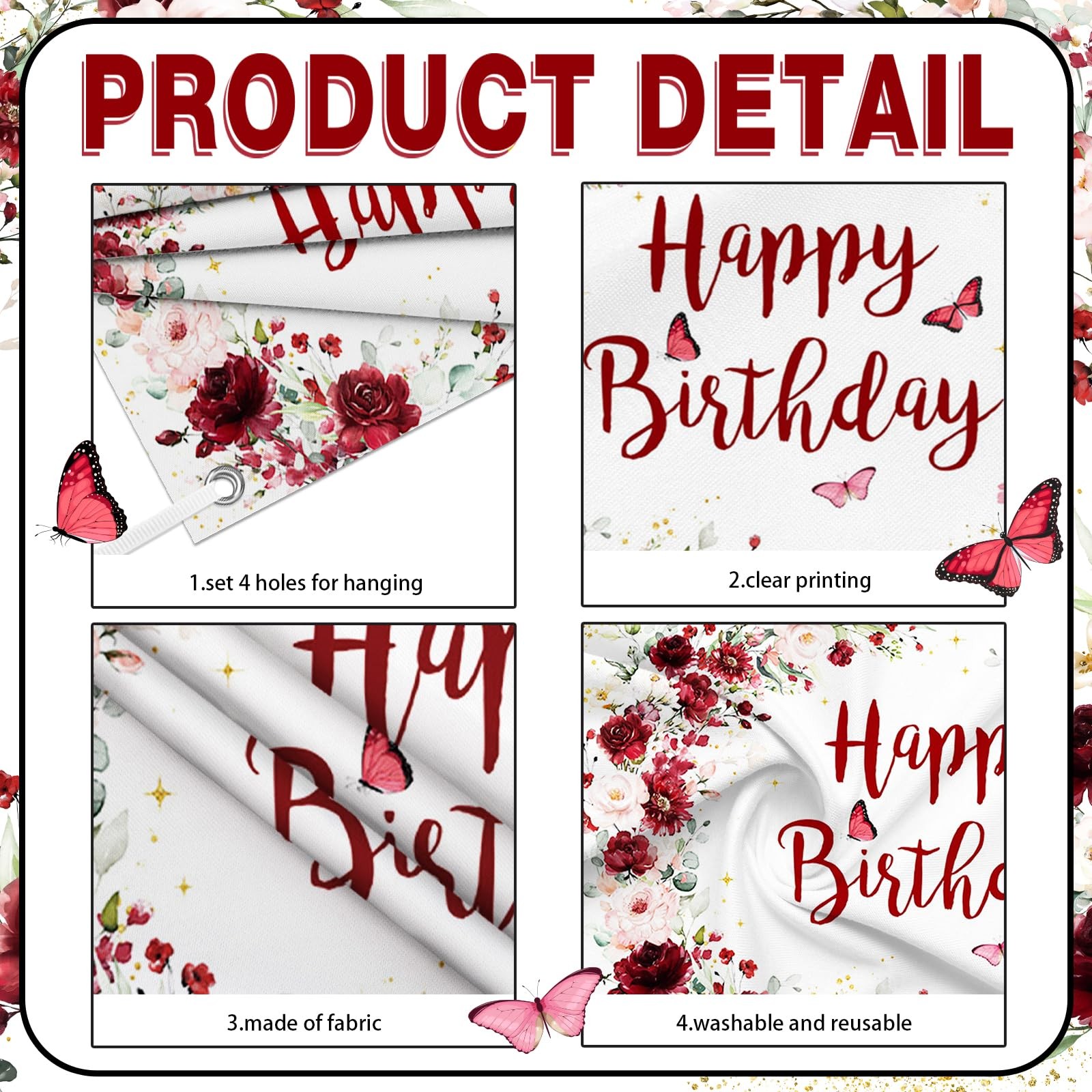 Happy Birthday Backdrop for Women Flower Photography Background Red Floral Birth