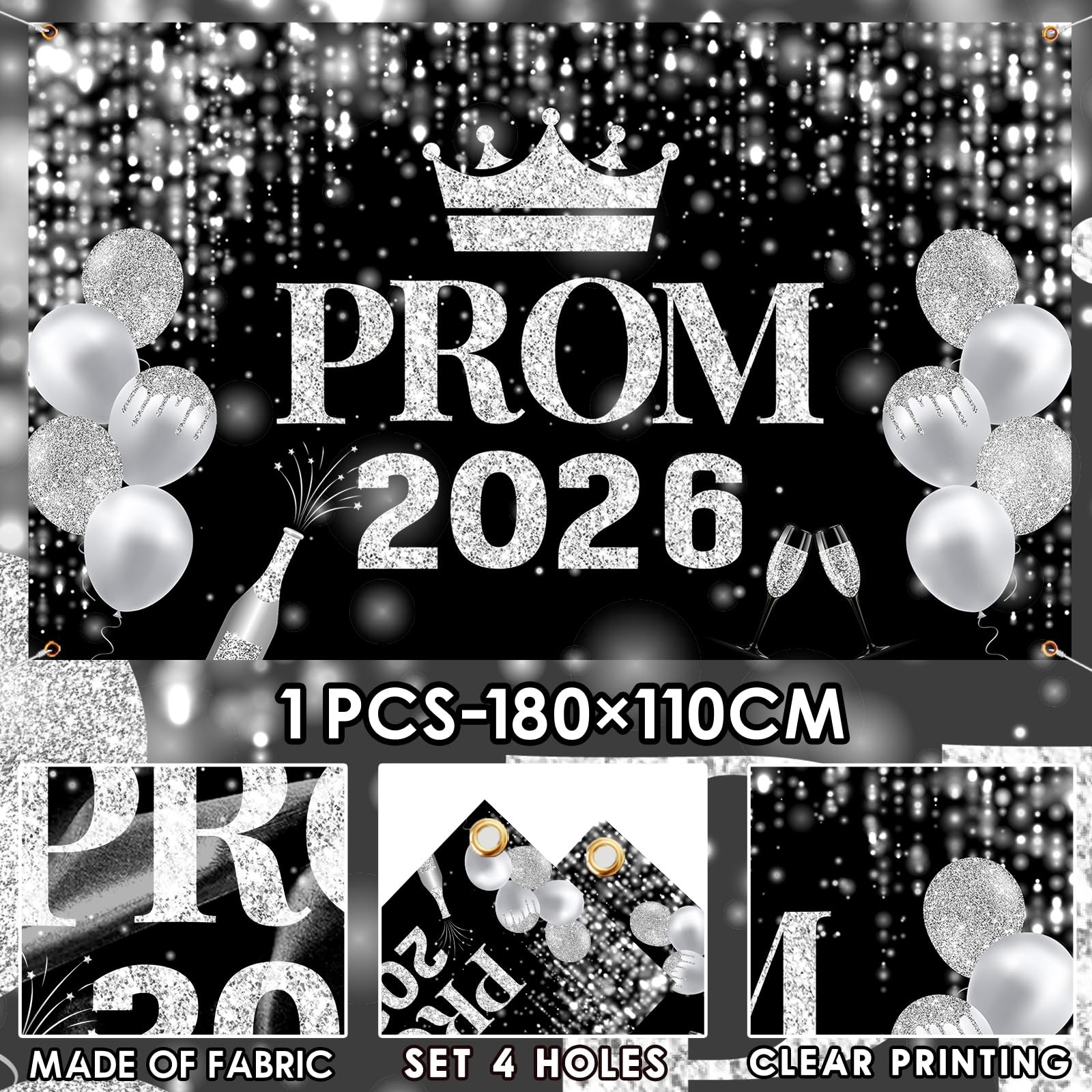 Prom Decorations 2026 Banner, Black and Silver Prom Decorations