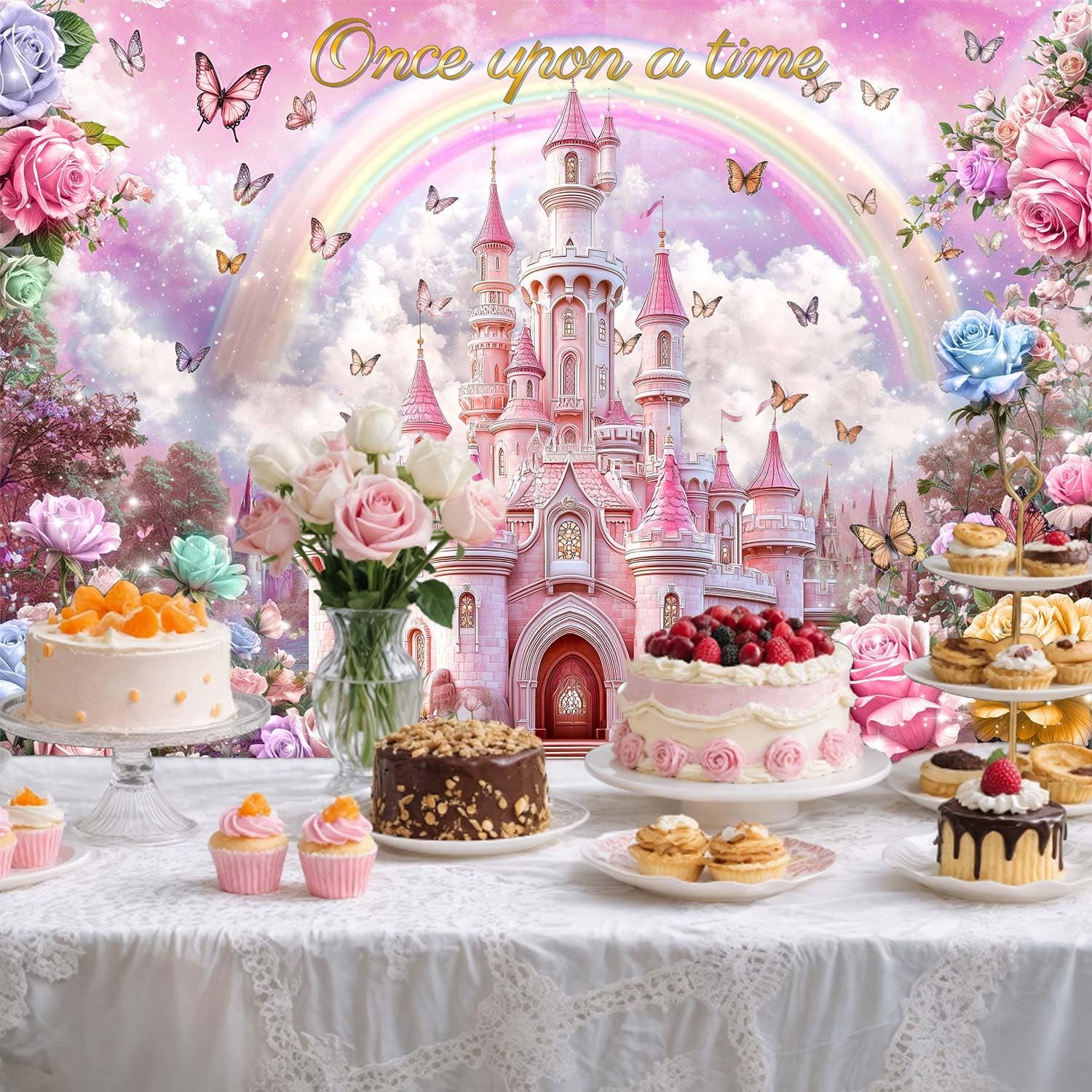 10X8ft Princess Happy Birthday Backdrop for Girls Kids Pink Castle Rainbow Bu…