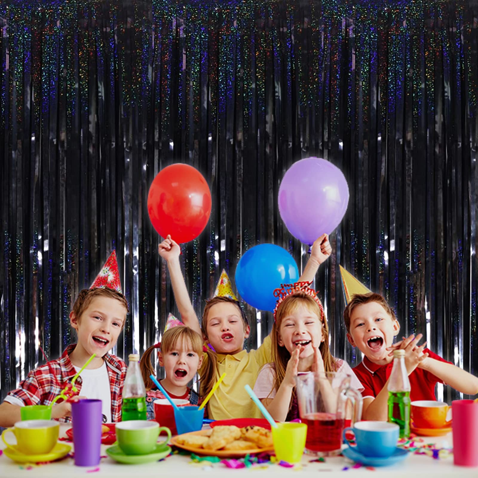 Black Tinsel Foil Fringe Curtain Backdrop Metallic Streamers 4 PCS