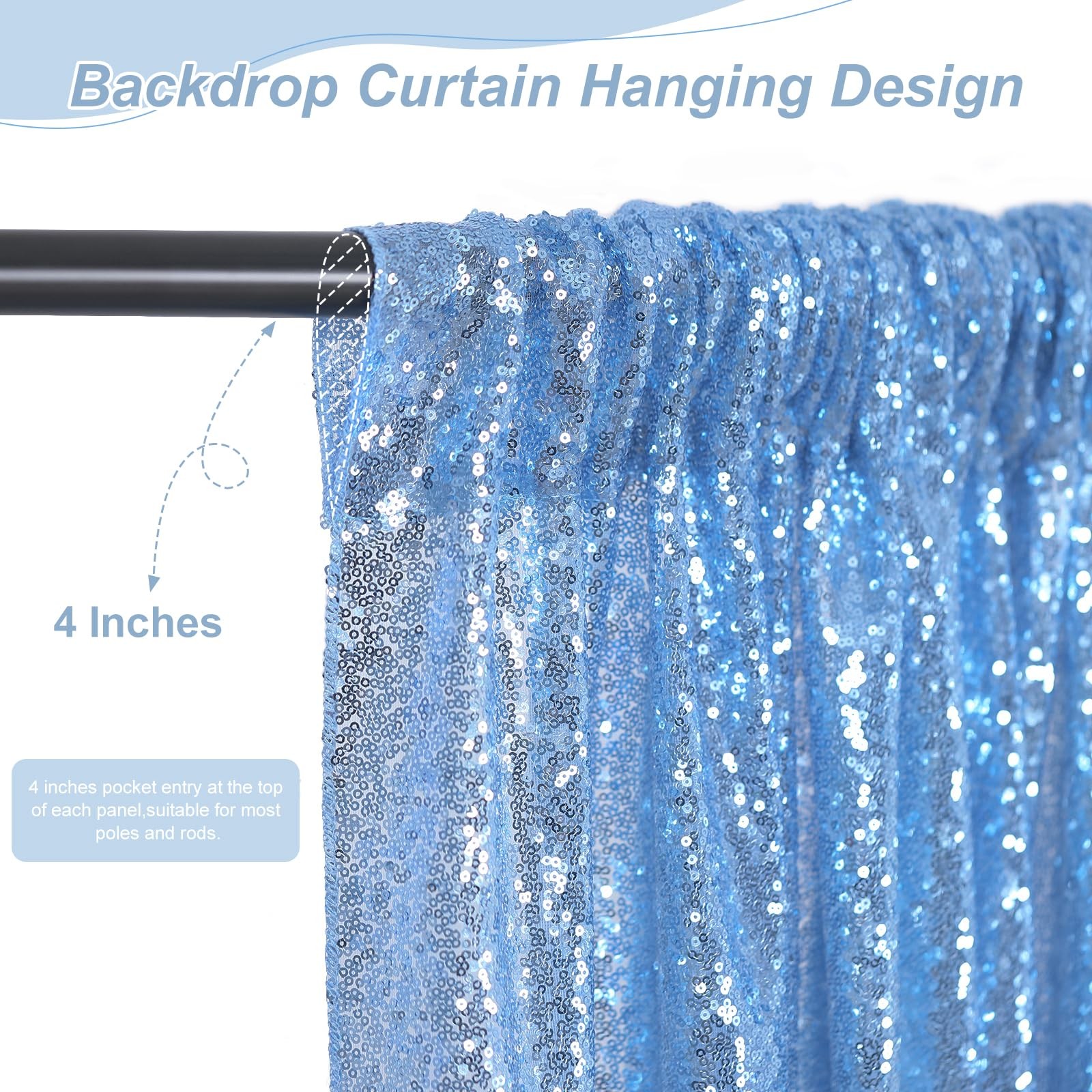 2 PCS Light Blue Sequin Backdrop Curtain 2x8ft Glitter Drapes Graduation