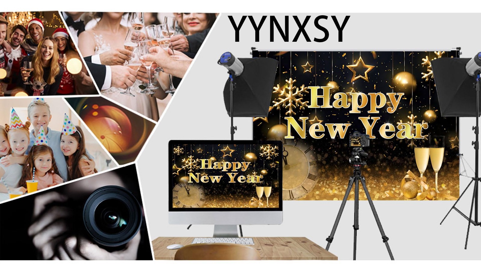 8x6FT Happy New Year Backdrop Black Gold NYE Party Photo Booth Prop YY11502