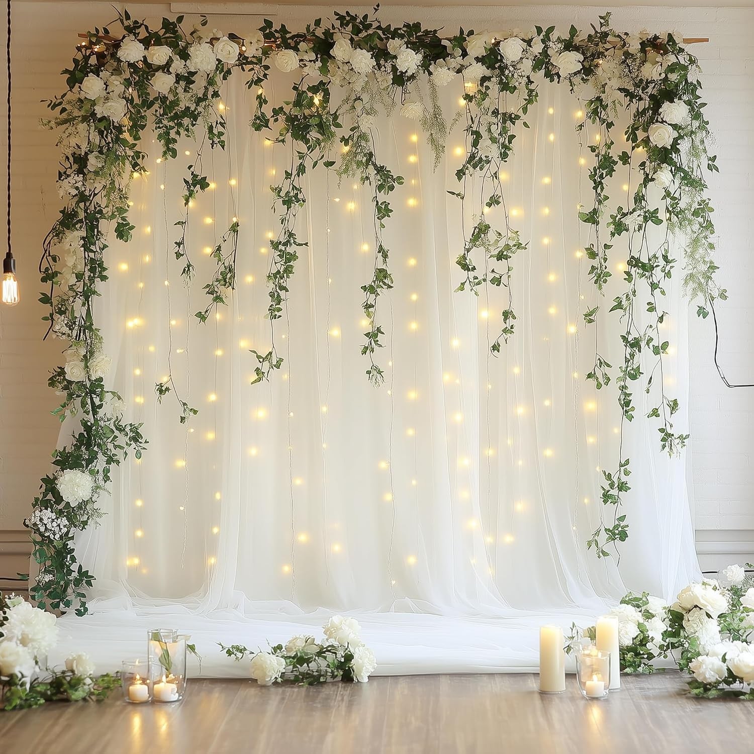 Tulle Backdrop Curtain W/ Lights String 10FT X 10FT Ivory Sheer Tulle Backdrop