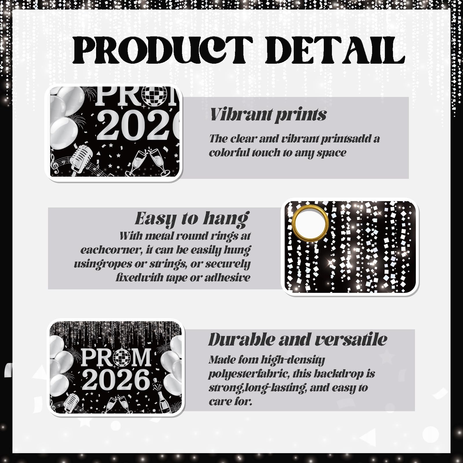 7x5ft Prom 2026 Backdrop Graduation Class 2026 Photography Black/Silver
