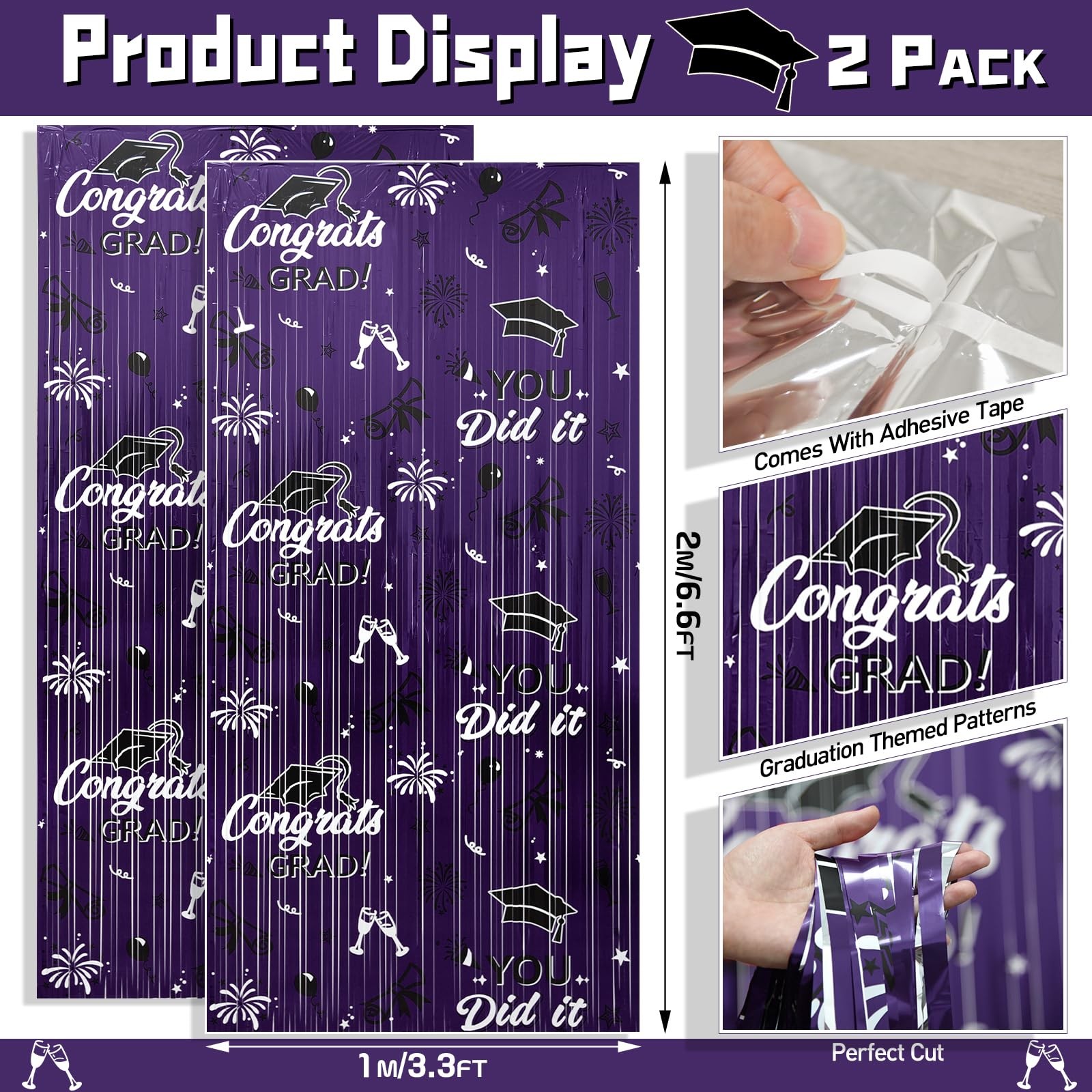 2025 Graduation Foil Fringe Curtains, 2 Pack 3.2×6.5 ft Black Graduation Purple