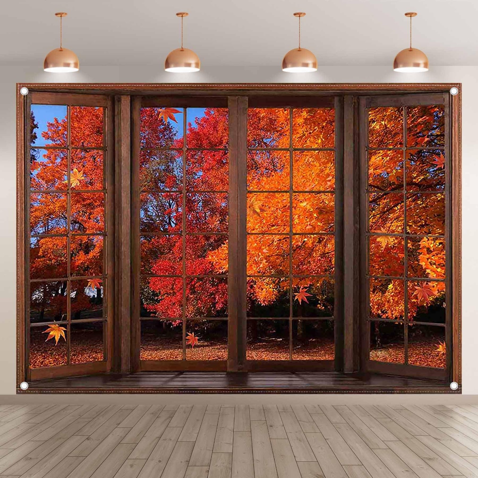 7x5ft Fabric Fall Window Backdrop Autumn Landscape Maple Leaves Forest Scener…